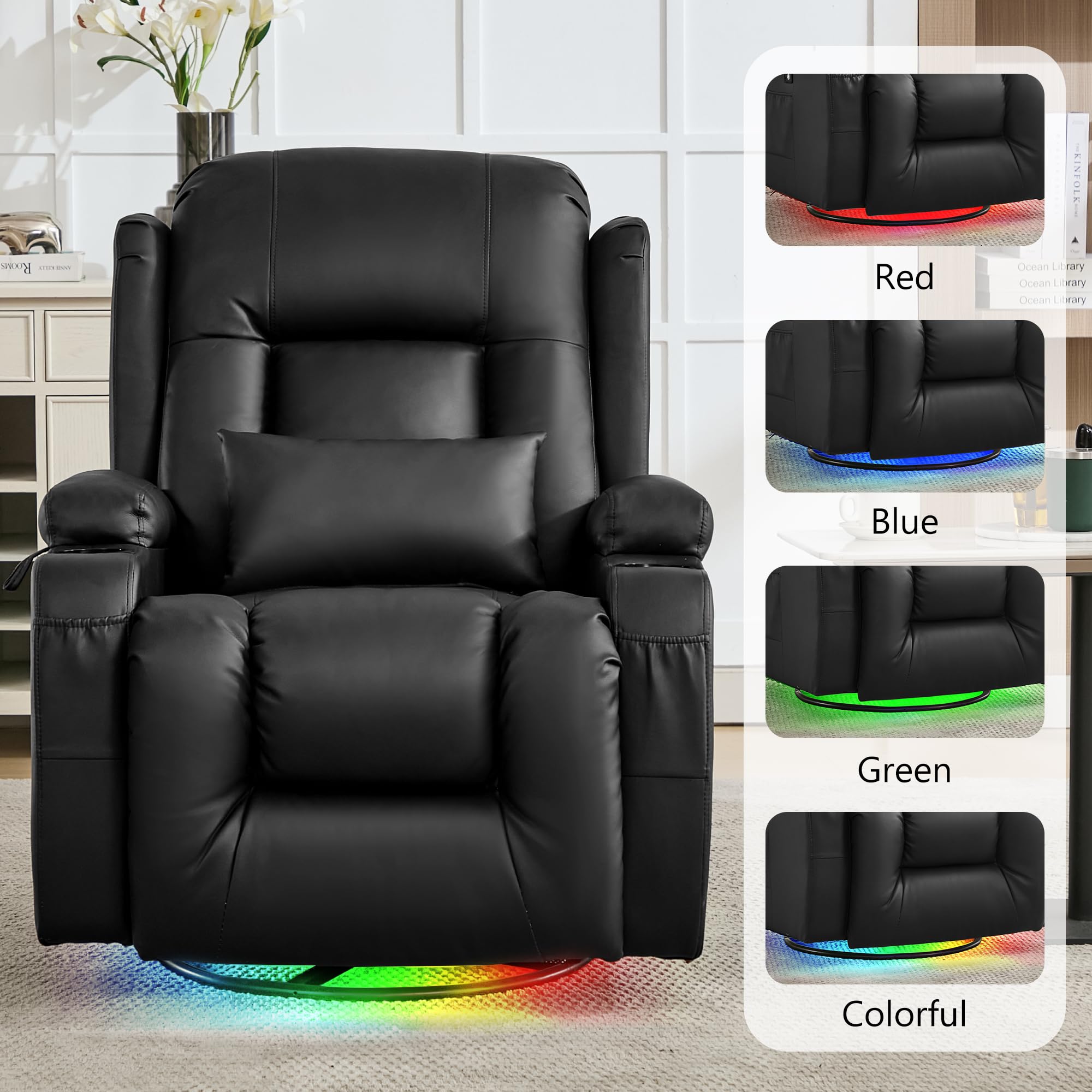 URRED Rocker Recliner Chair for Adults, 270° Swivel Glider Reclining Single Sofa with LED Ambient Light, Cup Holders and Side Pockets, Faux Leather Recliner for Living Room or Home Theater, Black
