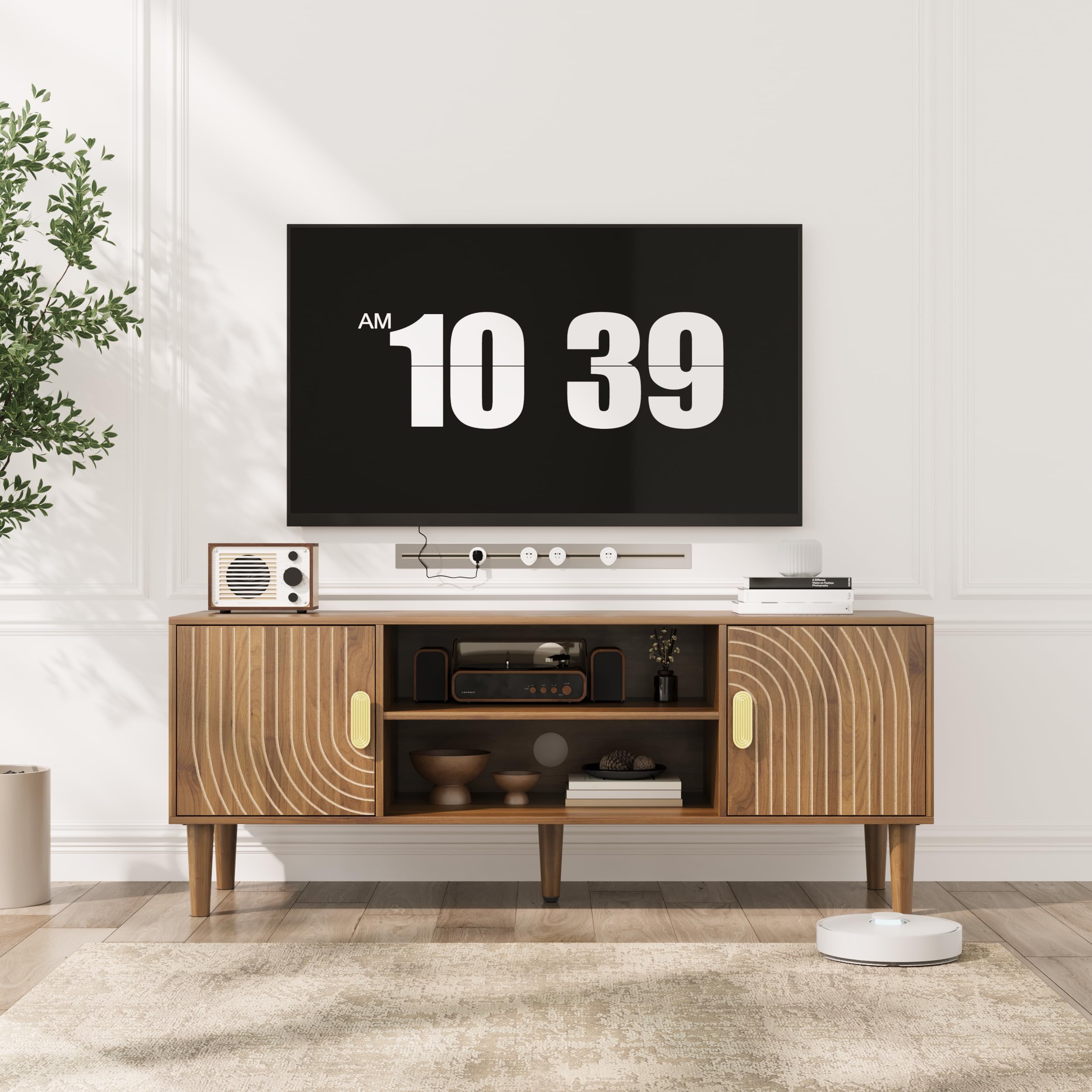 Walnut TV Stand with Line Groove Design - 47.2" Mid Century Modern Media Console
