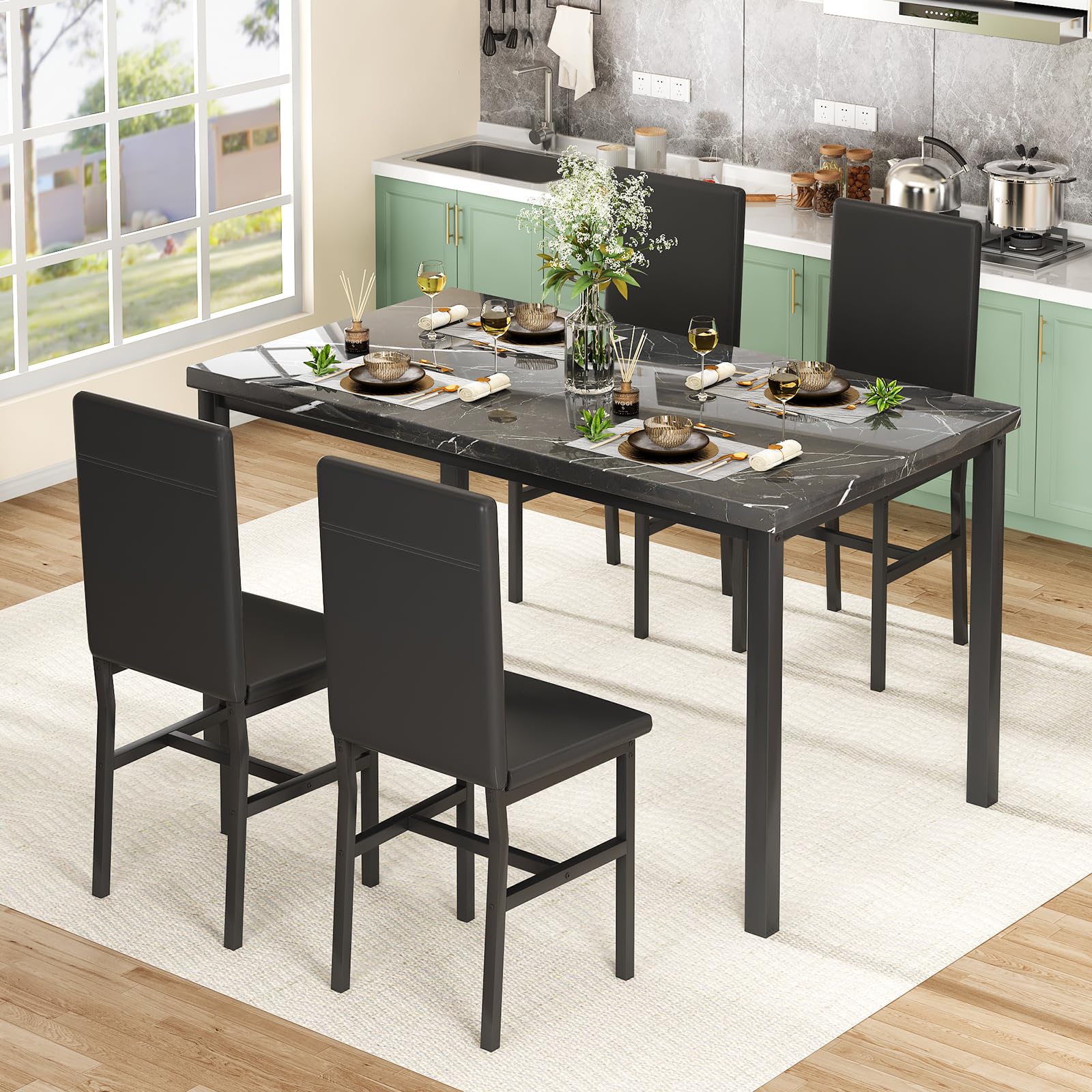 5-Piece Faux Marble Dining Table Set with 4 Chairs