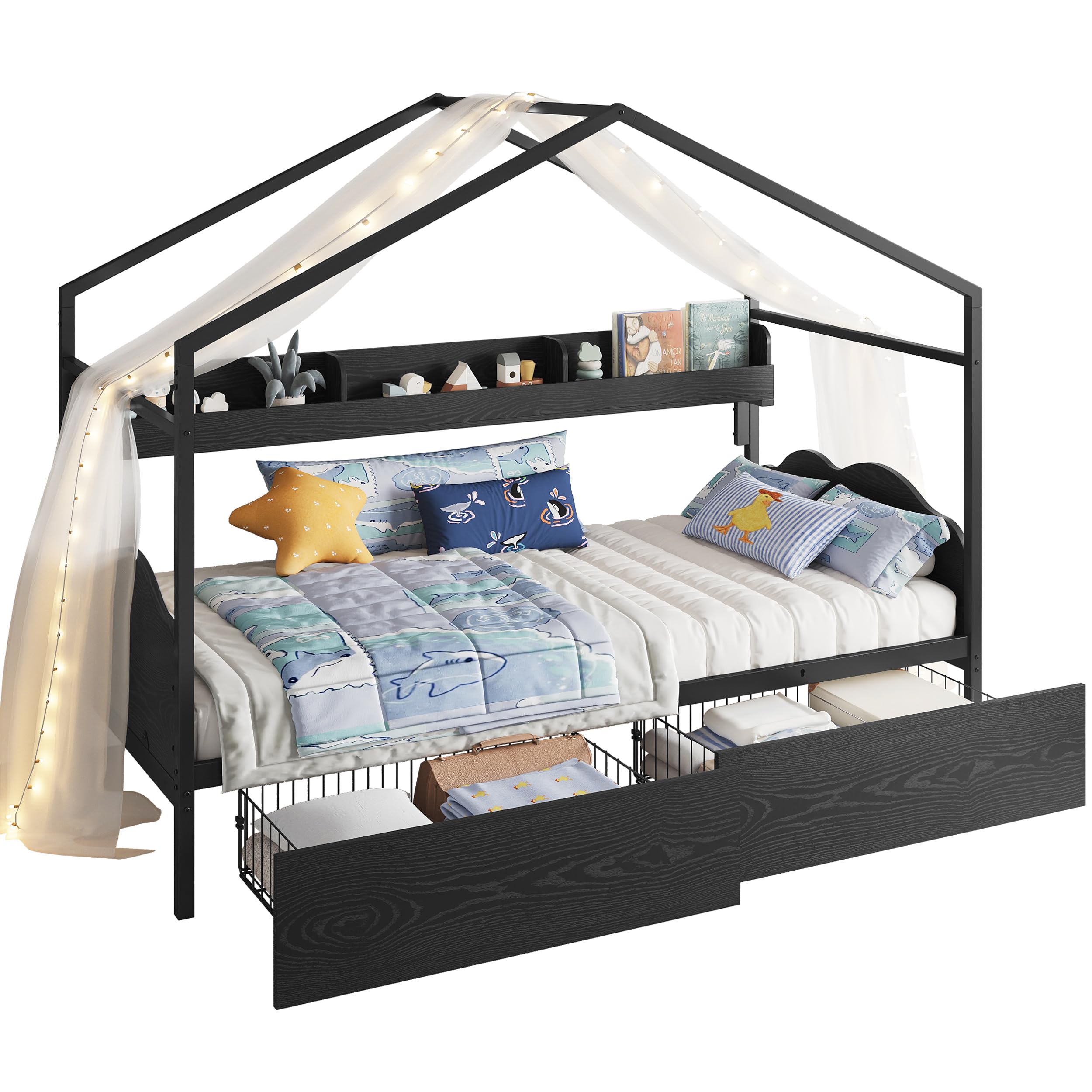 LIKIMIO Twin Bed Frame with 2 Storage Drawers, DIY House Bed with Bookshelf & Curved Headboard & Footboard, Twin Corner Bed Frames for Bedroom, No Box Spring Needed, Black