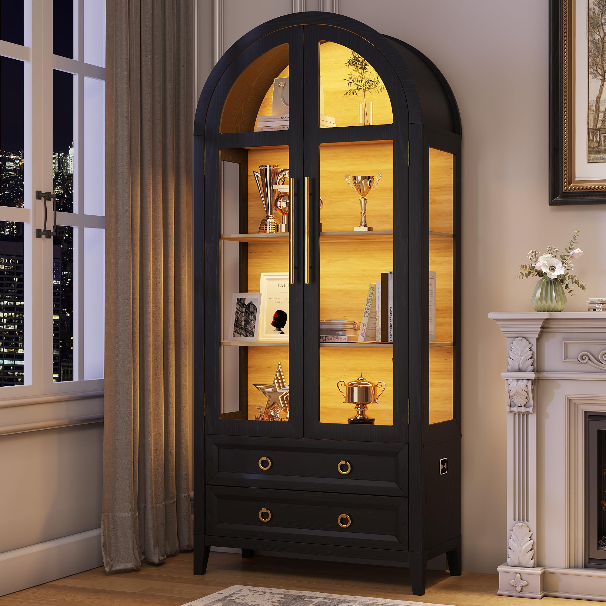70.8" Arched Display Cabinet with LED Lights and Glass Doors