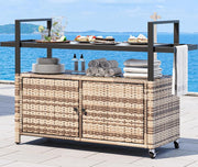 Outdoor Kitchen Wicker Island Rolling Cart with Glass Top