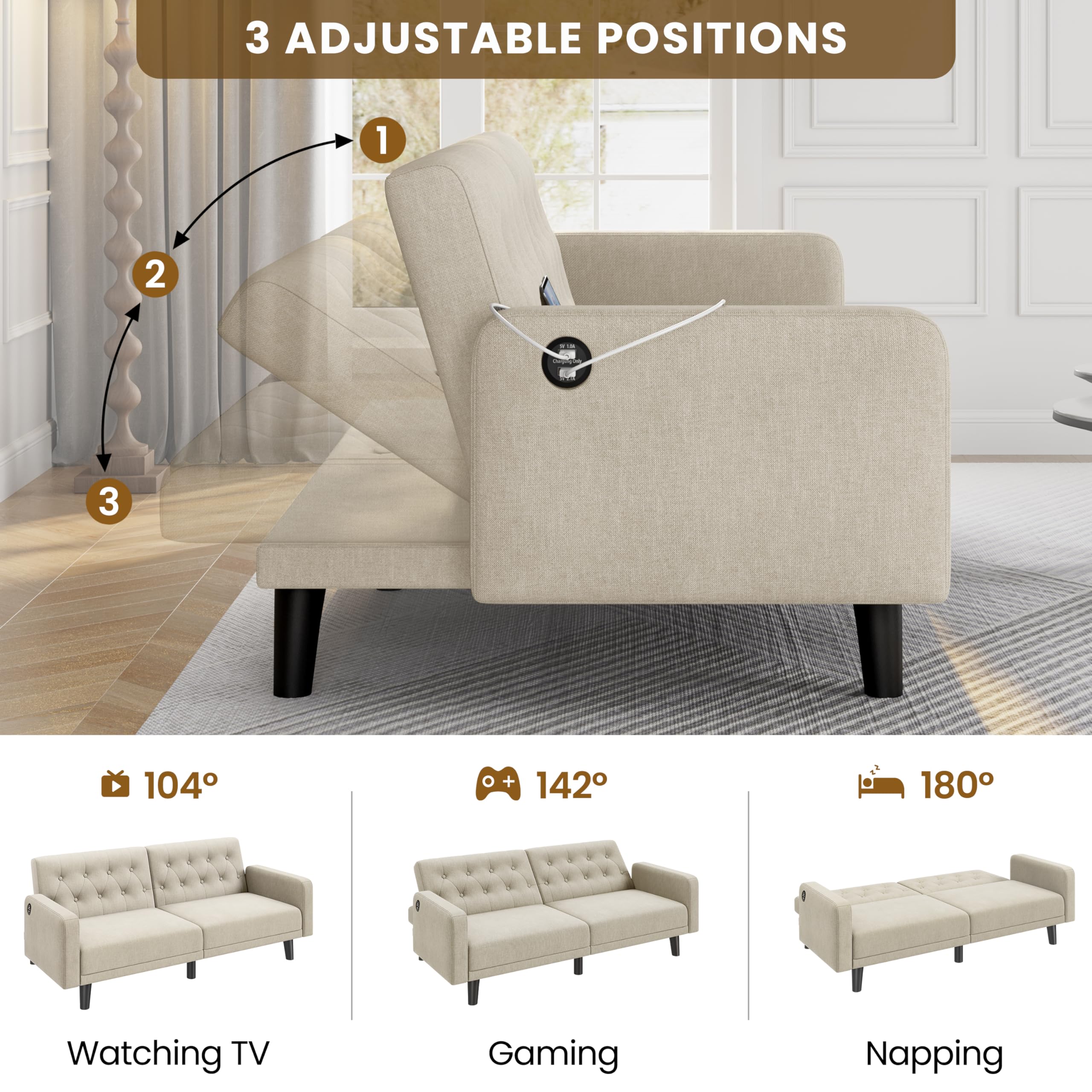 63" Convertible Futon Sofa Bed with USB Ports