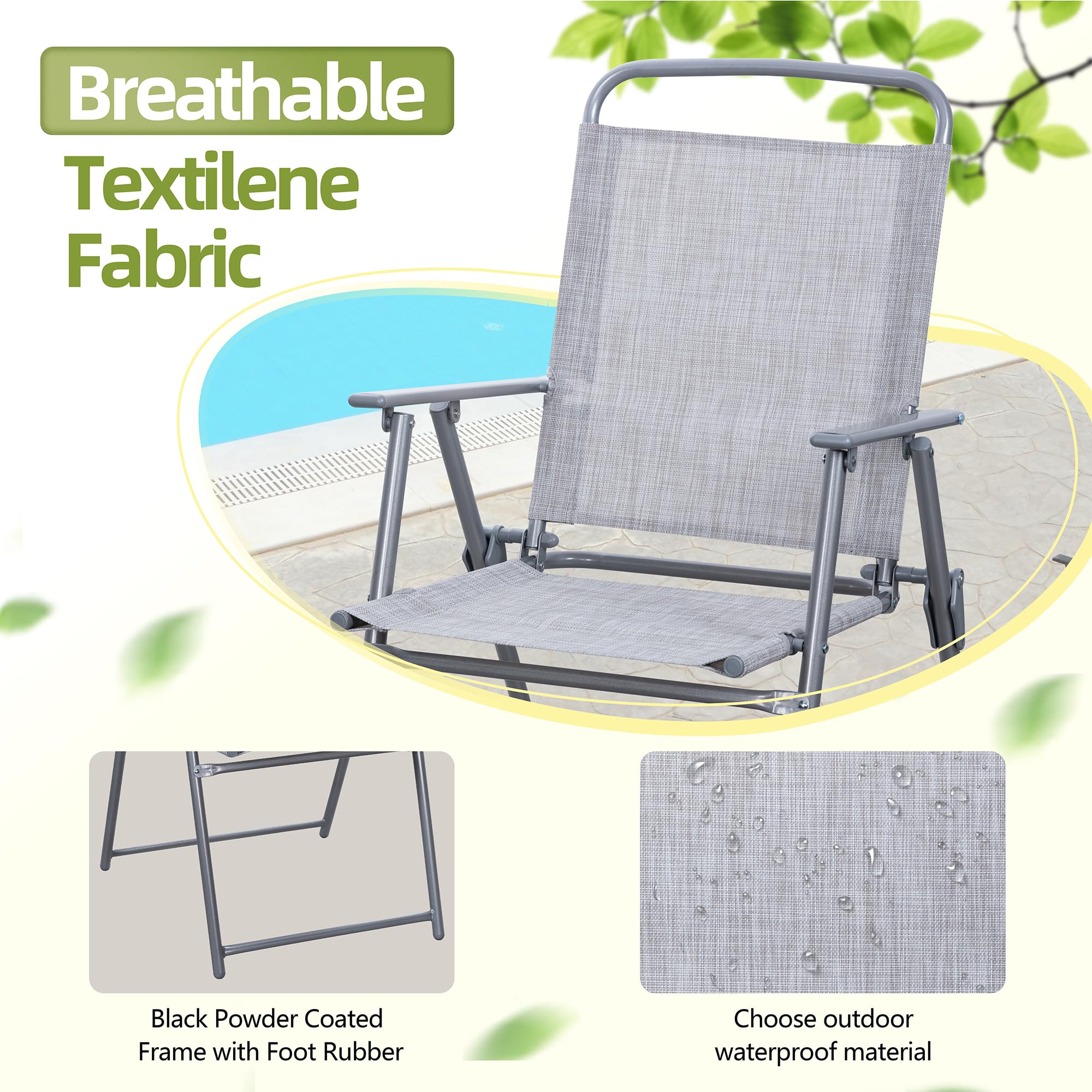 Vongrasig 6 Pieces Folding Patio Dining Set, All Weather Small Metal Outdoor Table and Chair Set, Garden Patio Furniture Set w/Umbrella, Glass Table & 4 Folding Chairs for Lawn, Backyard, Silver