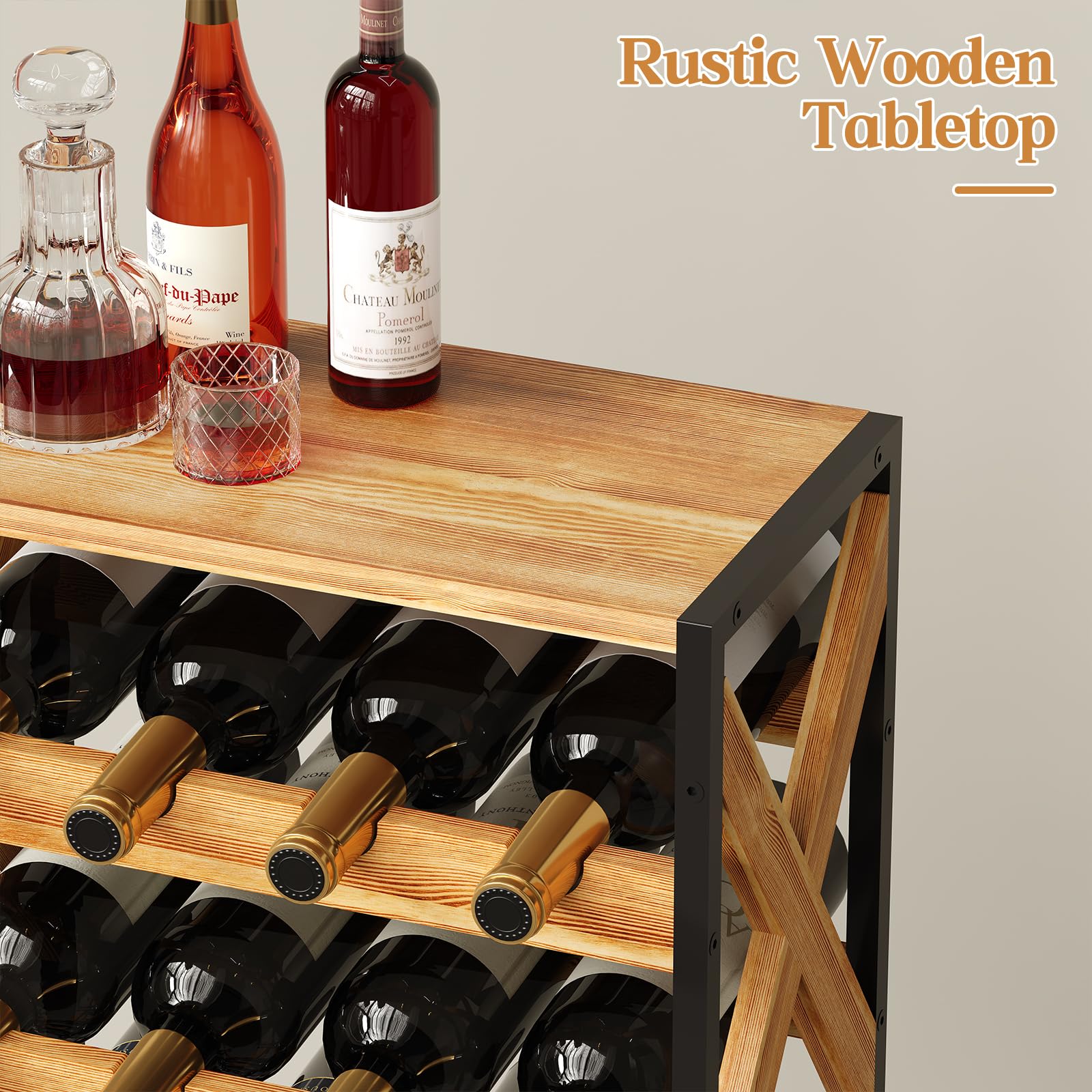 20 Bottle Wine Rack Freestanding Floor with Wood Top