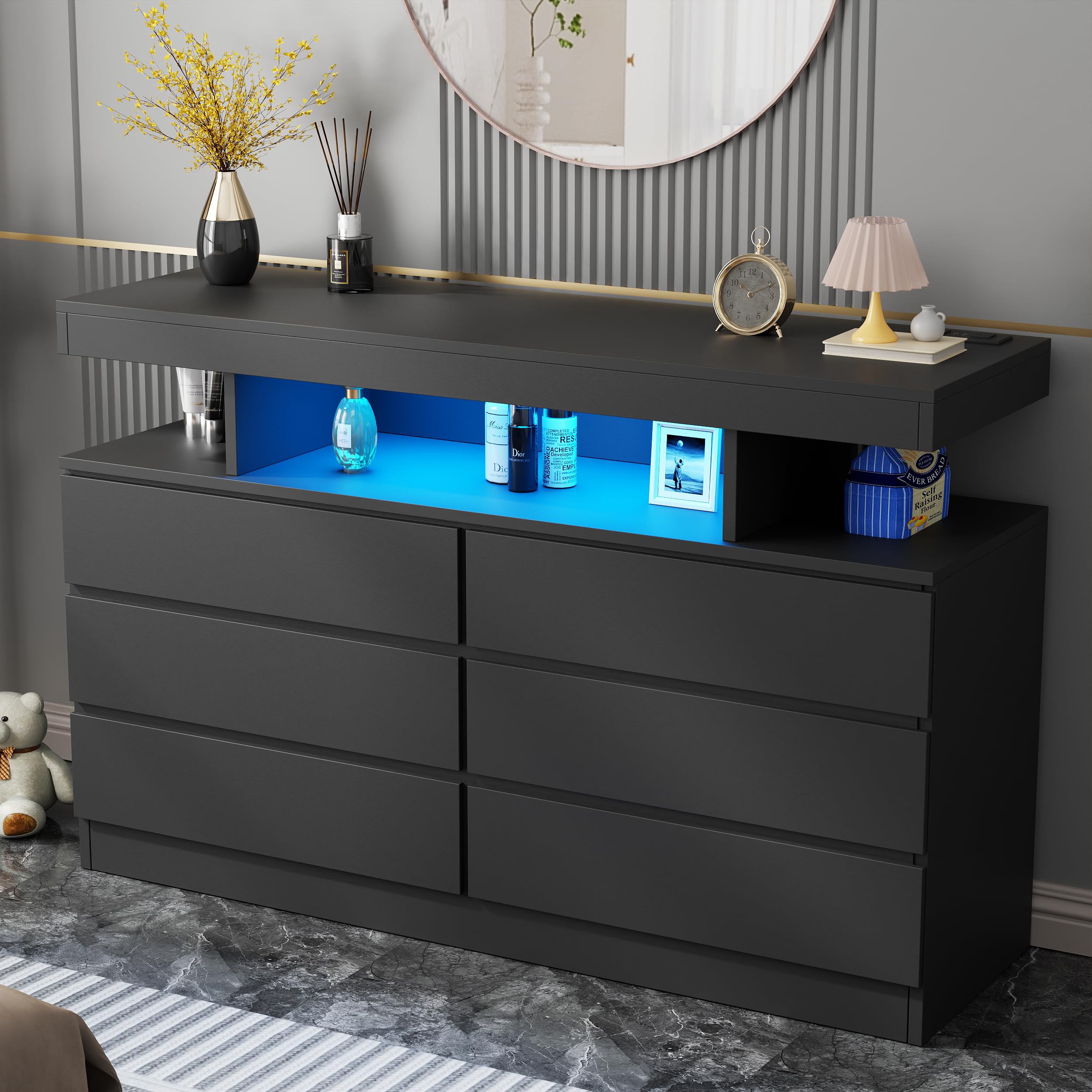 6 Drawer Dresser with Charging Station and LED Lights