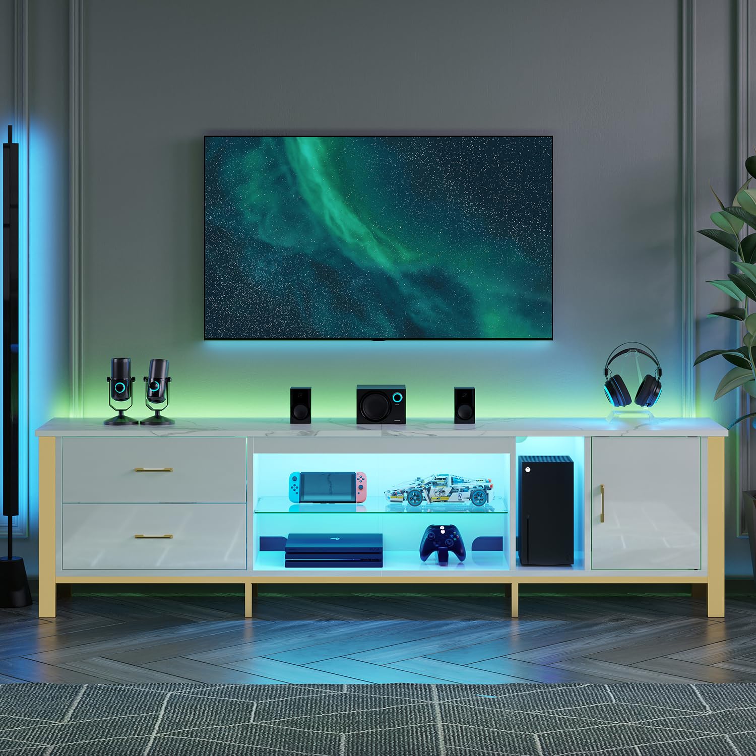 TV Stand for 75-85 Inch TVs with LED Lights and Storage