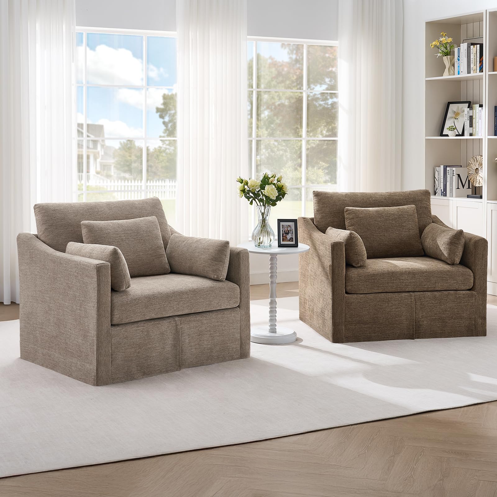 ONBRILL Accent Chair for Living Room, Slipcovered Chair with 3 Throw Pillows, Comfy Reading Chair, Deep Seat Armchair w/Sloped Arms, Modern Single Couch Sofa for Apartment, Wheat