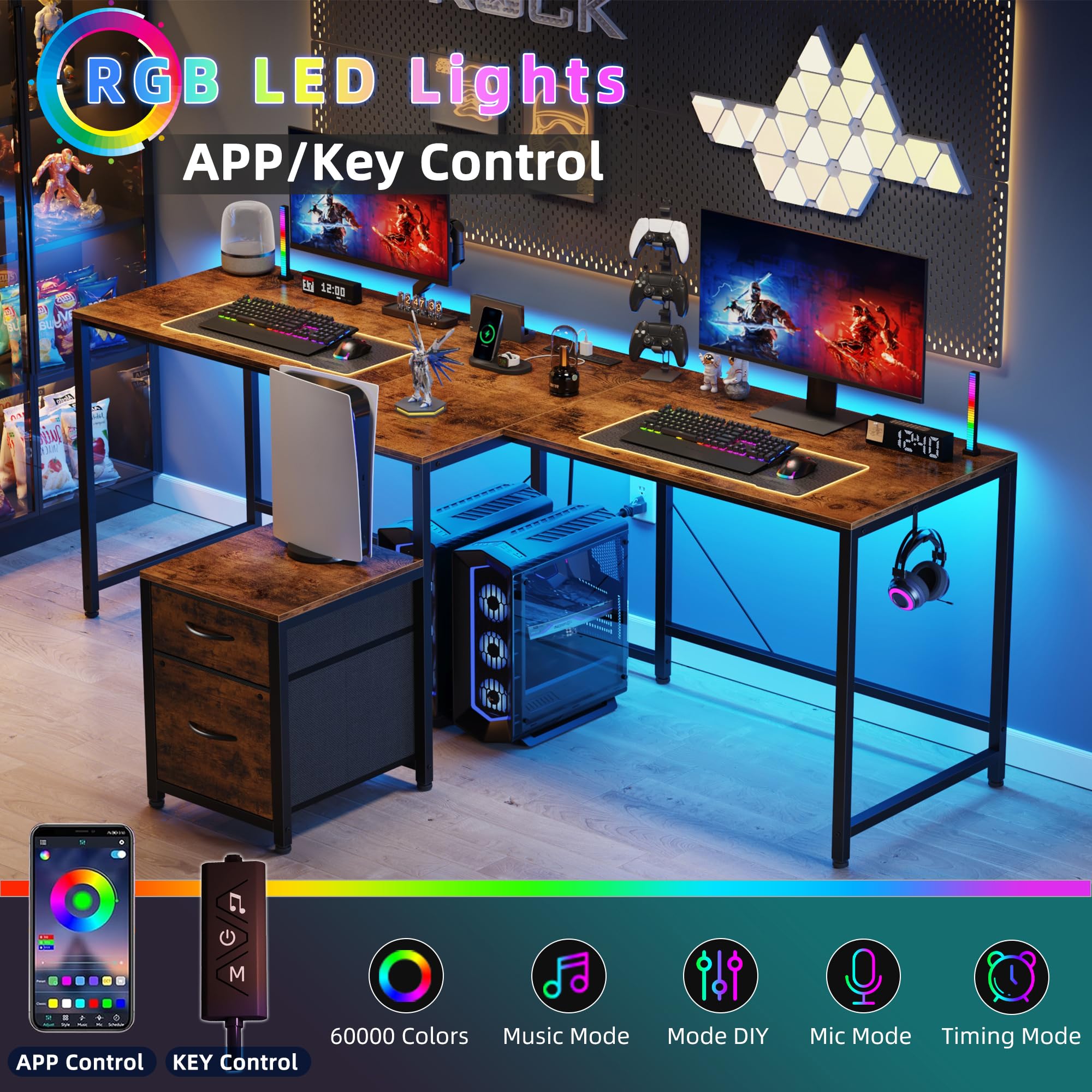 T-Shaped 2 Person Desk with Power Outlet and LED Lights
