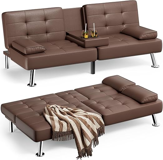 Adjustable Futon Sofa Bed with Cup Holders