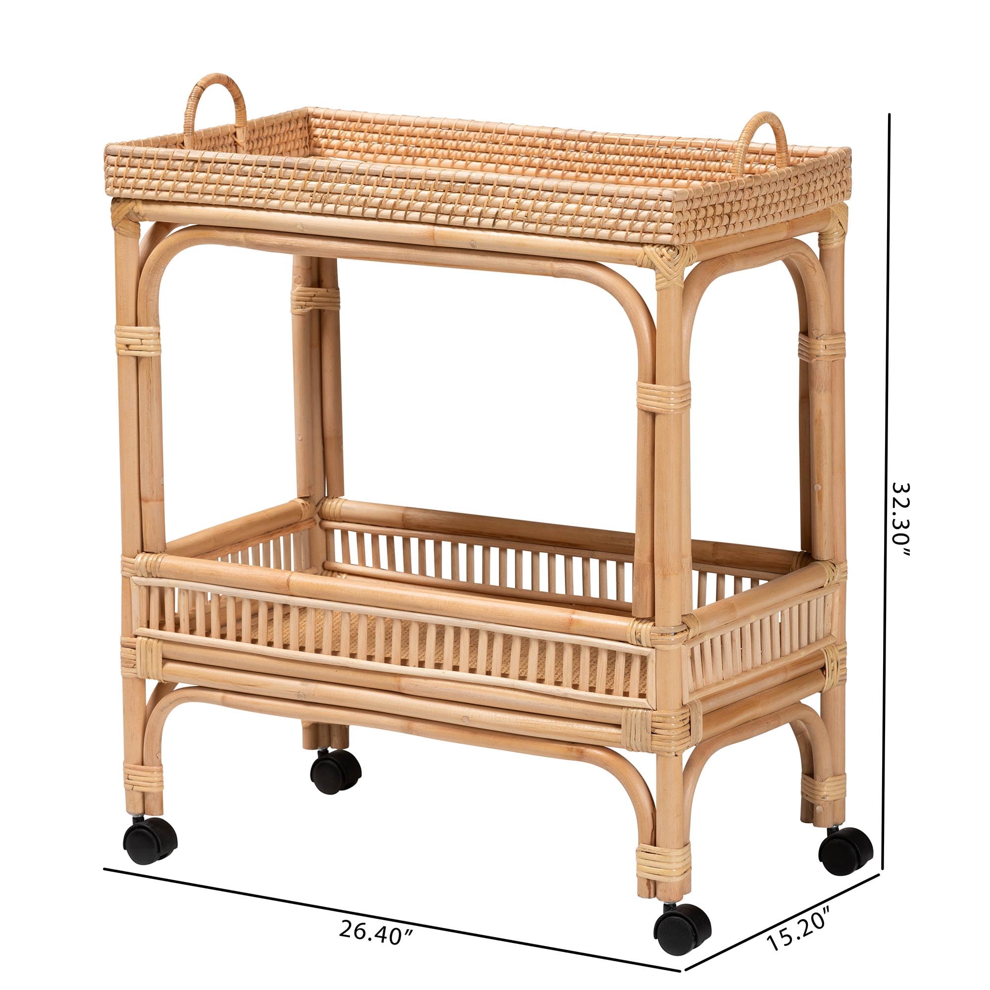 Modern Bohemian Natural Rattan 2-Tier Wine Cart