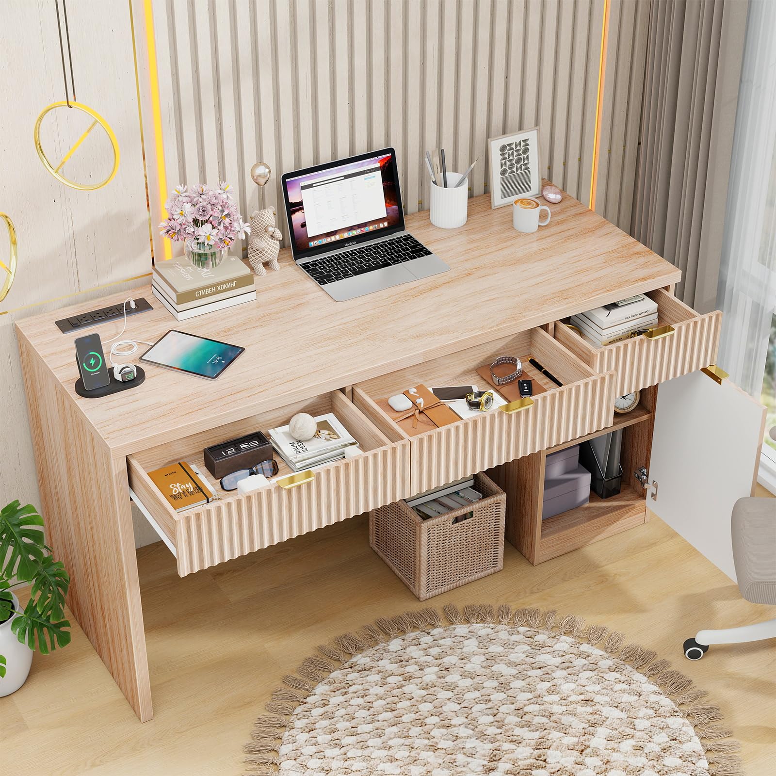 60" Executive Desk with Fluted Drawers and Charging Station