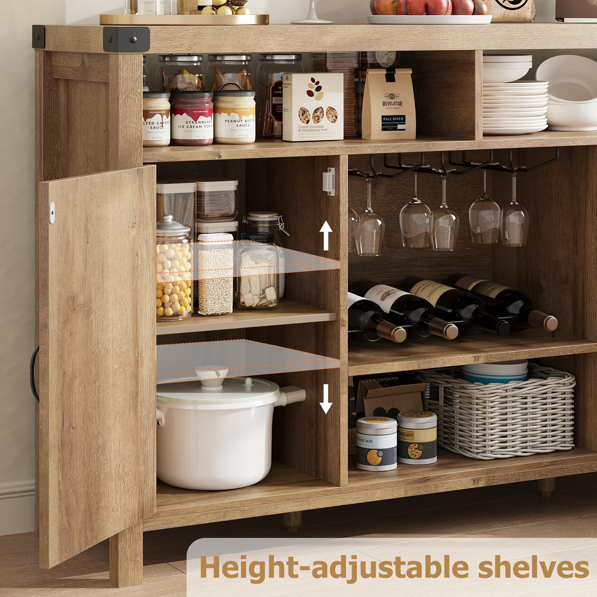 Farmhouse Wine Bar Cabinet with Adjustable Storage