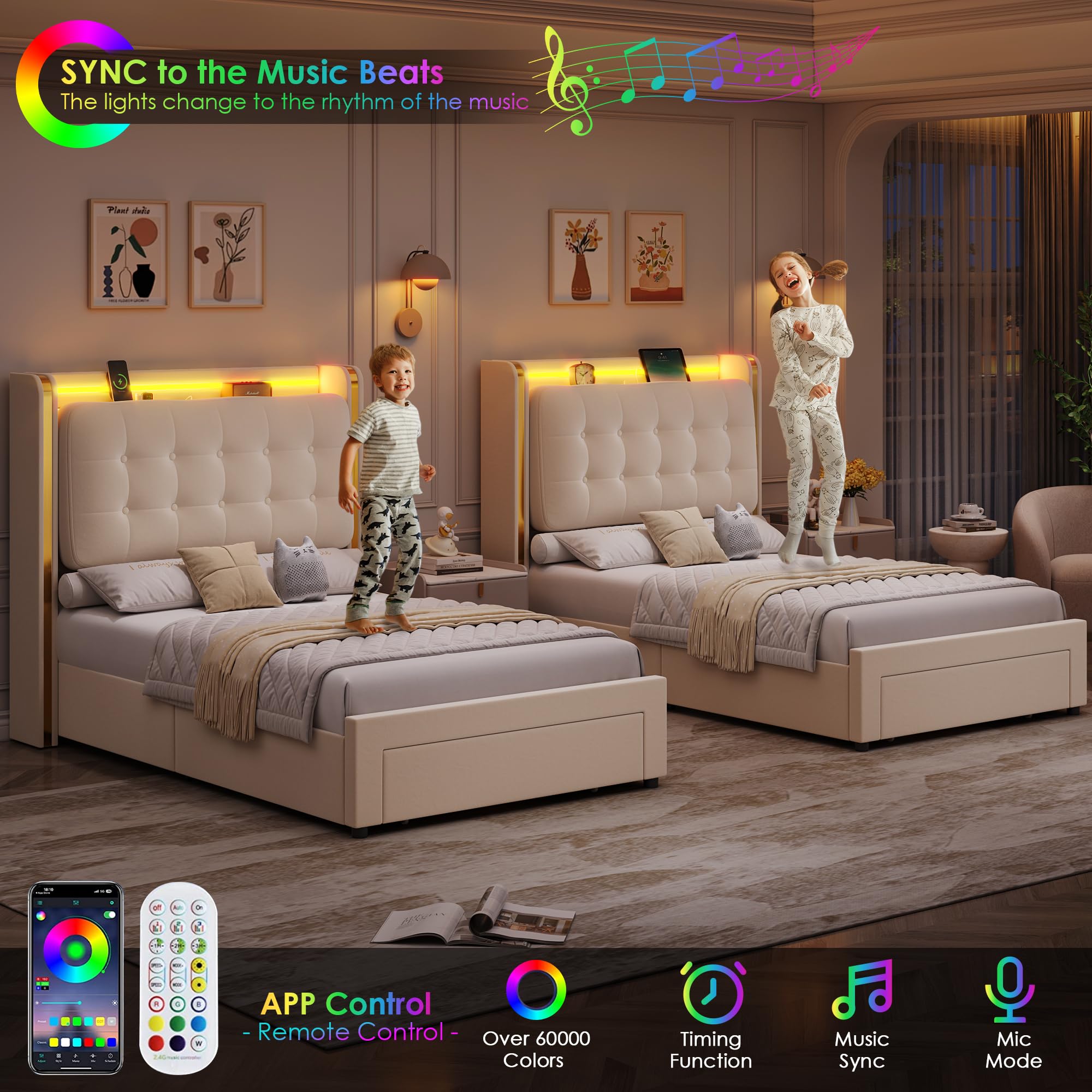 Upholstered LED Twin Bed Frame with Storage and Charging Station