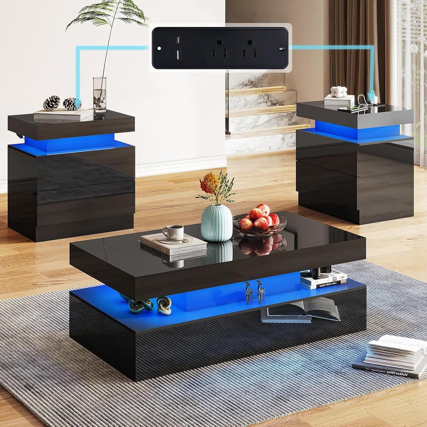 High Gloss LED Coffee Table Set with 2 End Tables and Charging Station