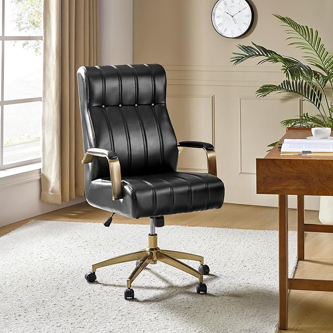 Executive Office Chair with Tufted Faux Leather and Gold Base
