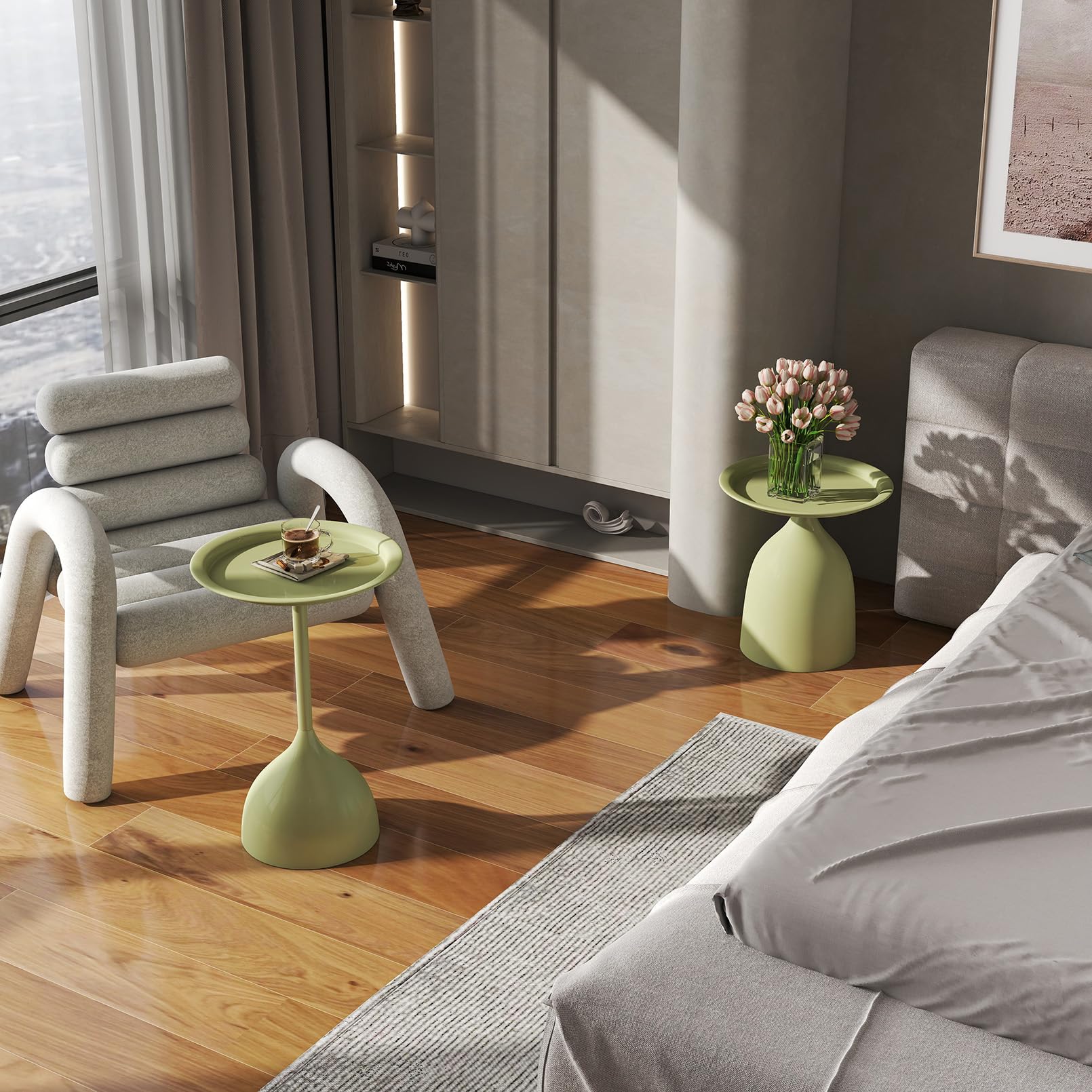 hitsuki Green Nesting Coffee Table Set of 2 Funky Colorful Round Metal End Side Tables for Living Room Sofa Retro Modern Pedestal nightstand Cute Matte Cream Green Side Table