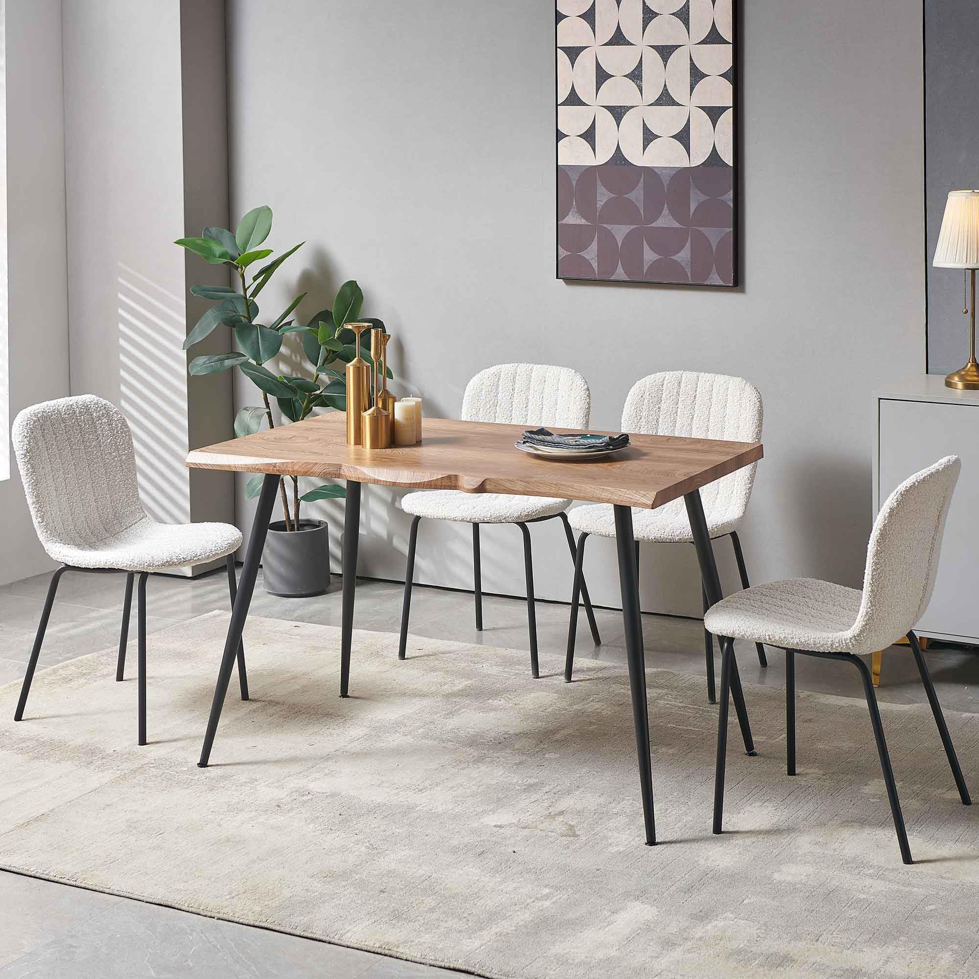 Dining Table Set for 4 with White Boucle Chairs