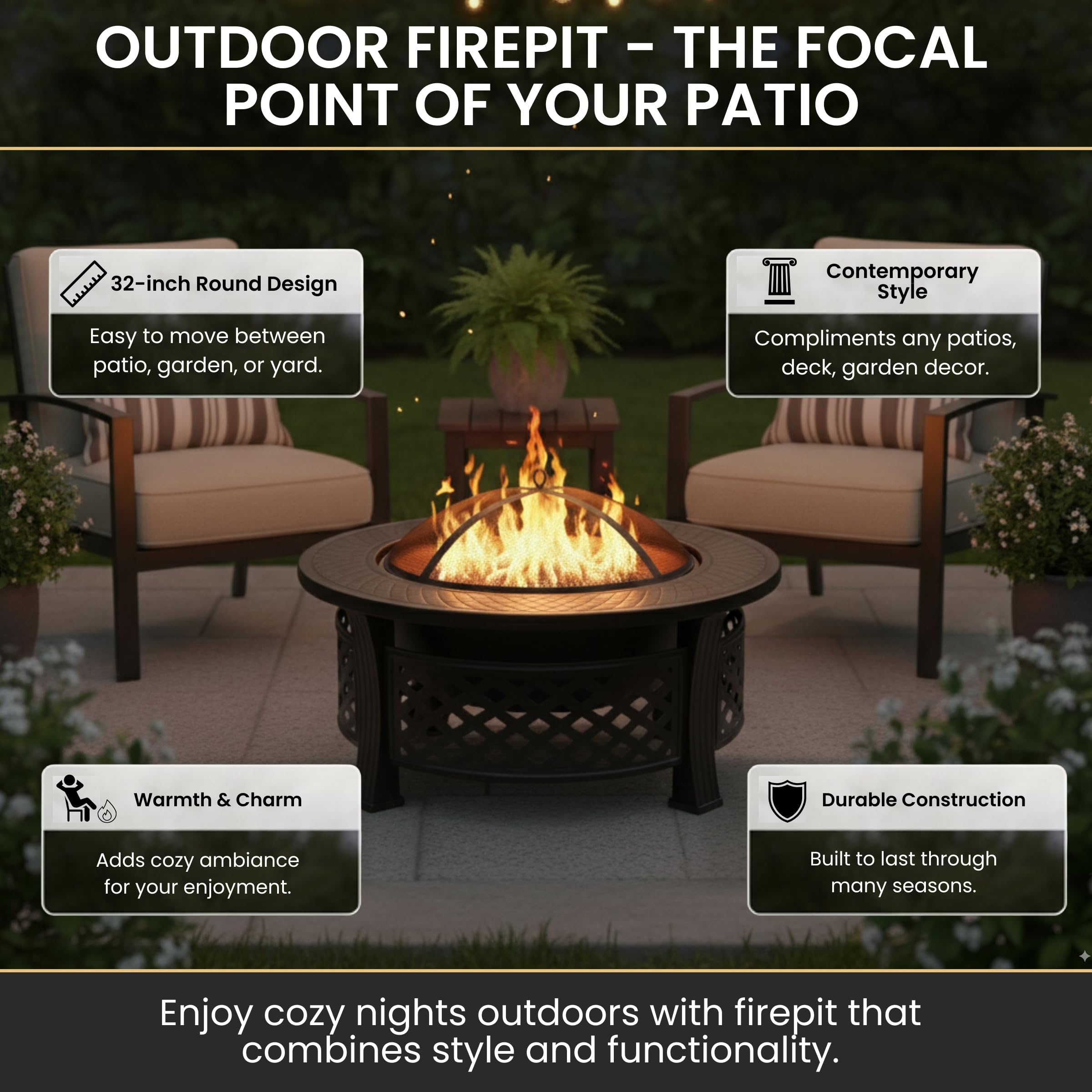 32 Inch Outdoor Fire Pit with Spark Screen Poker and Cover Wood Burning