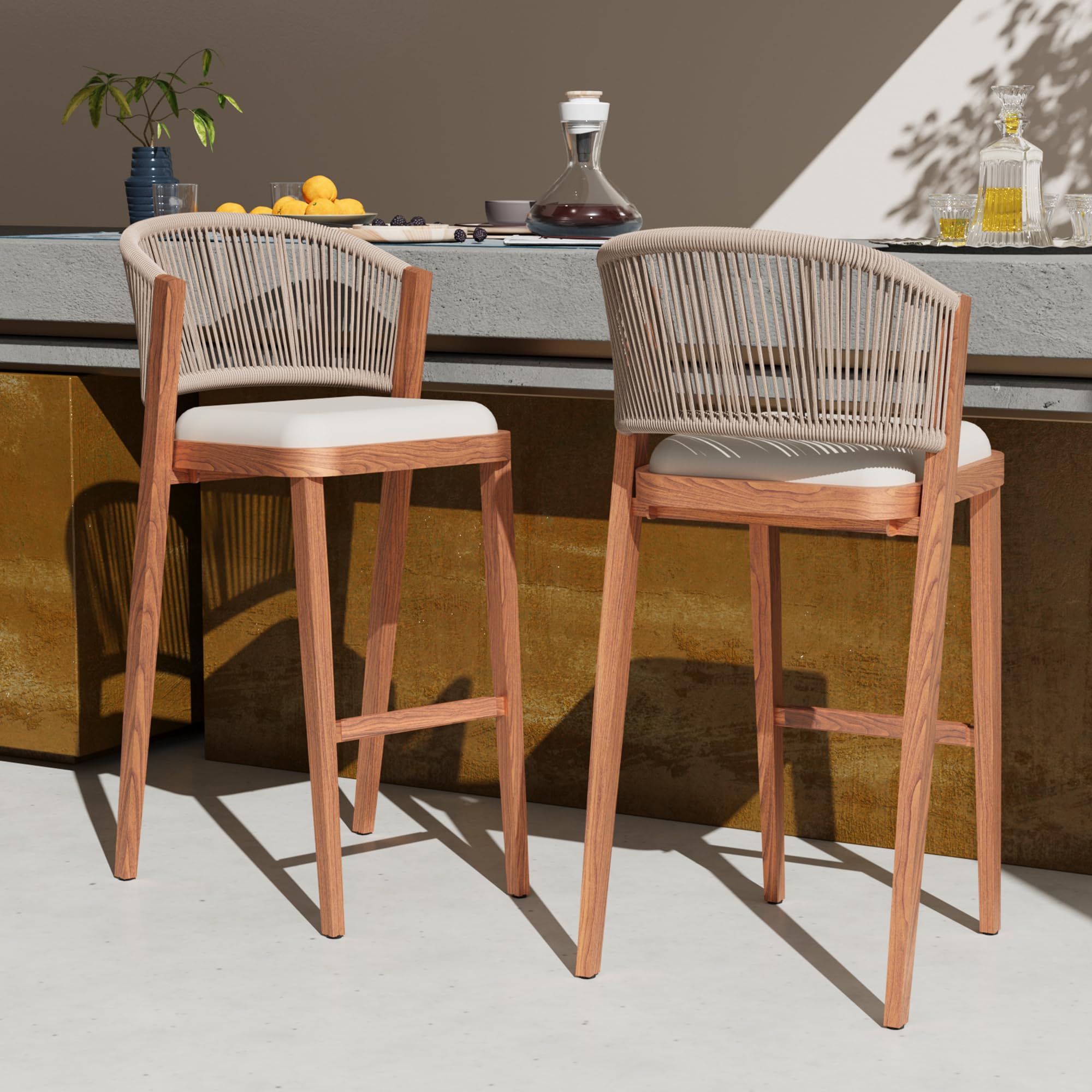 Outdoor Bar Stools Set of 2 with Rope Woven Backrest