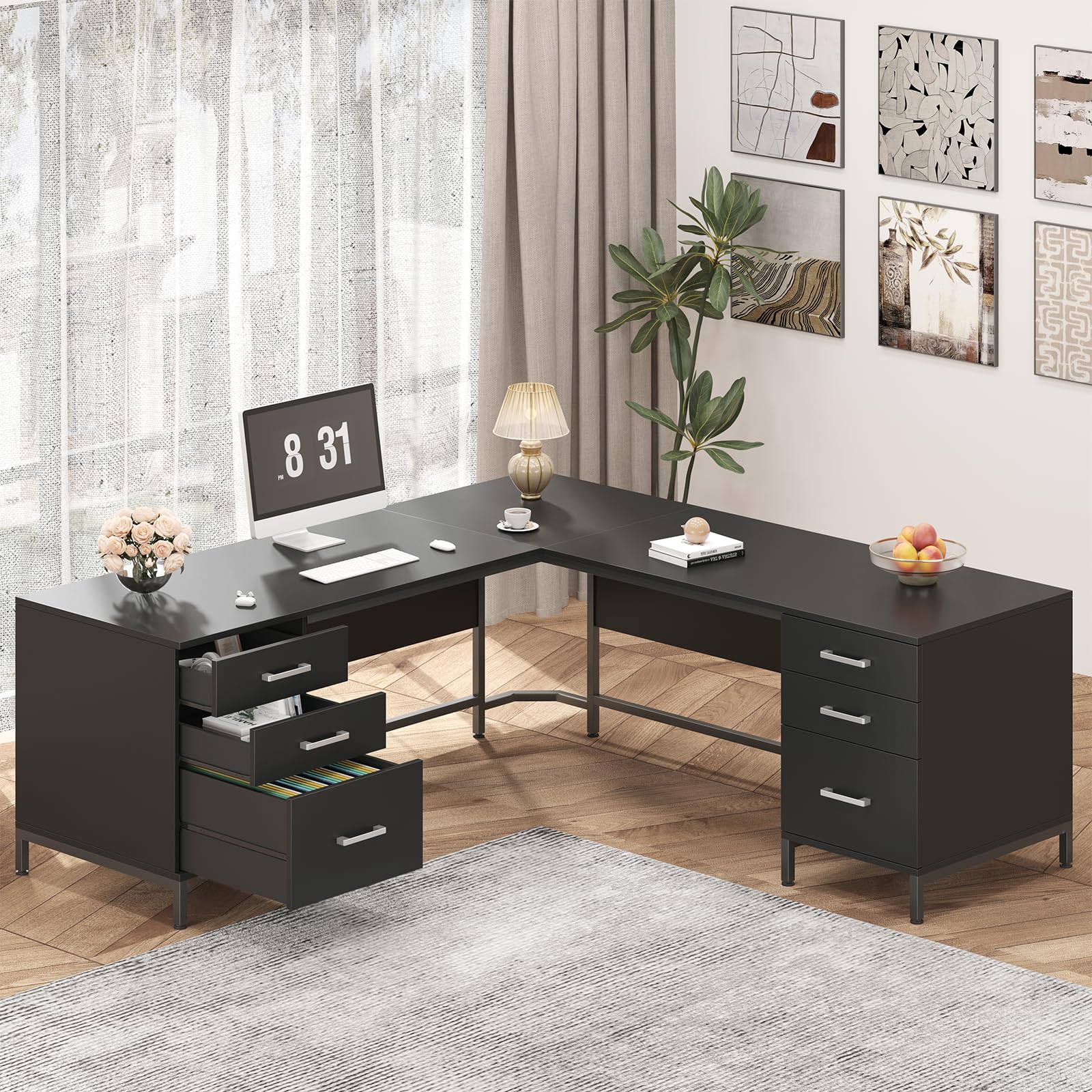 59" L-Shaped Desk with 6 Drawers and File Cabinet