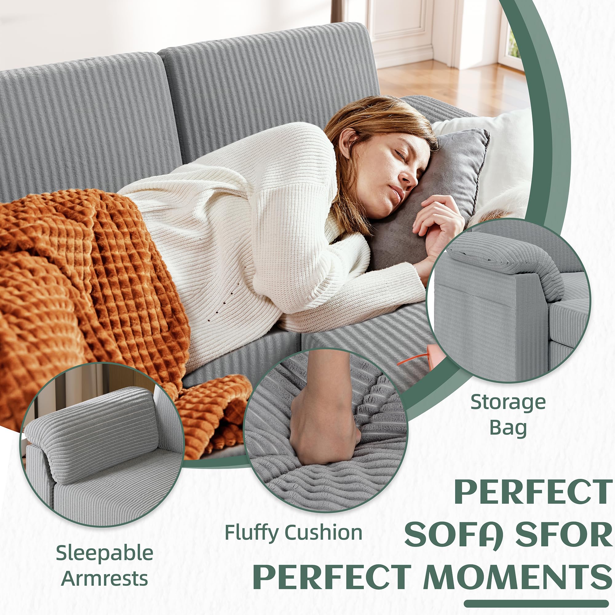 Convertible Sectional Sofa 3-Seat L-Shaped Couch Light Grey