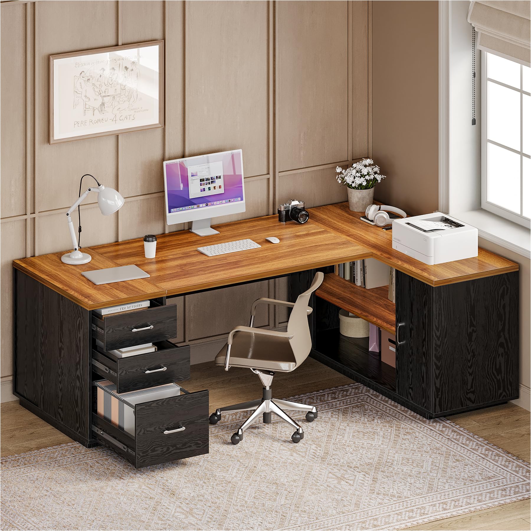 87-Inch Modern Executive Desk with File Cabinet