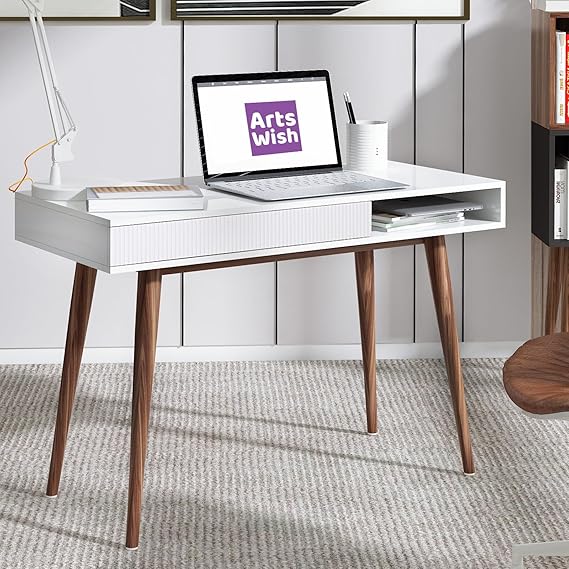 White Writing Desk with Drawers Mid Century Modern