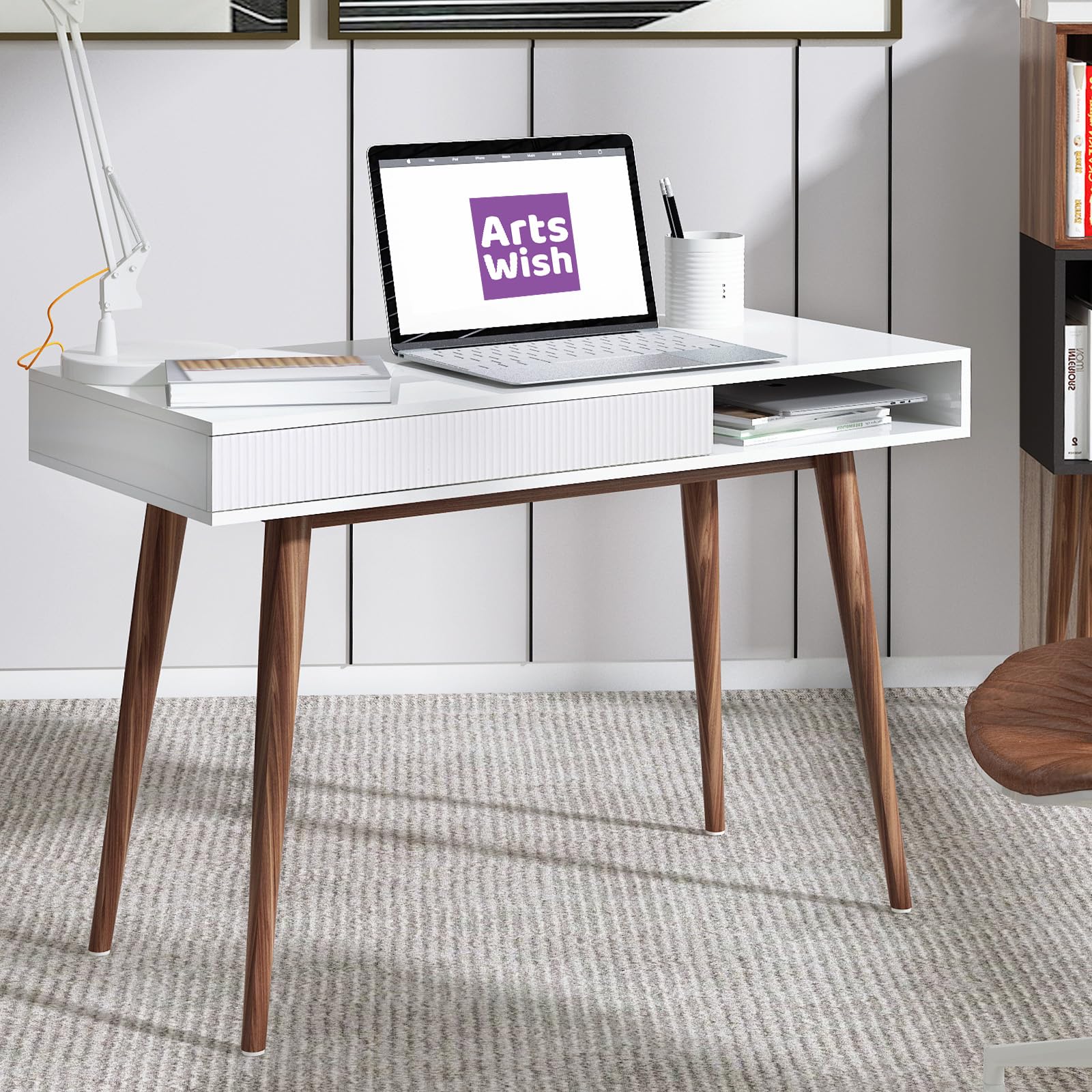 White Writing Desk with Drawers Mid Century Modern