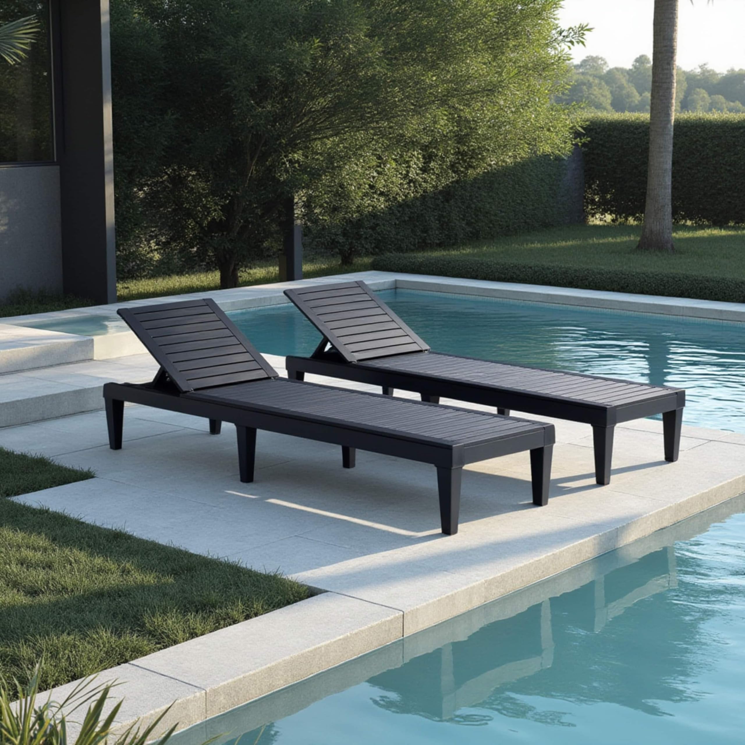 Black Chaise Lounge Chair Outdoor Set of 2 - 5-Position Adjustable