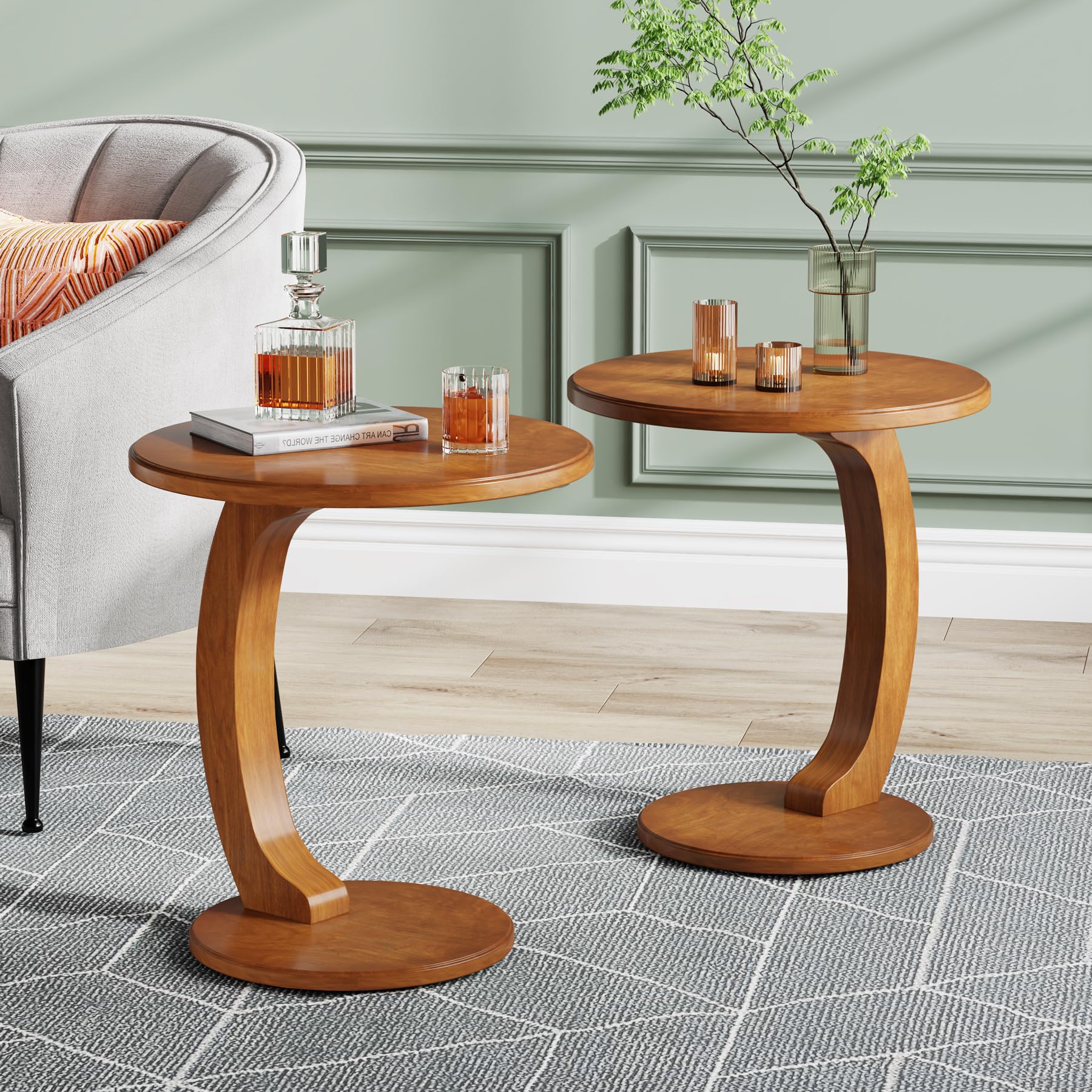 C-Shaped End Table Set of 2 - Wooden Round Side Table Brown