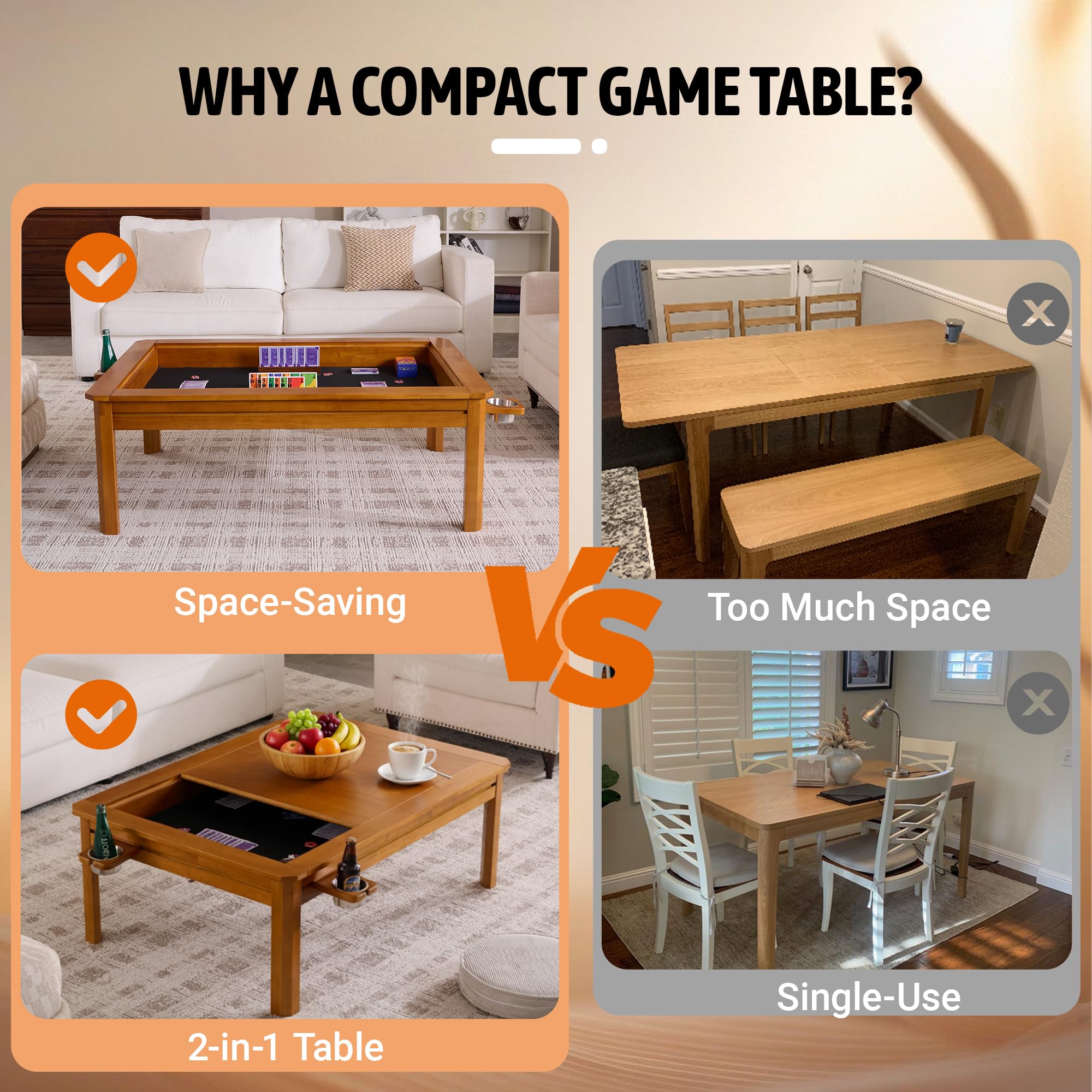 Solid Wood Board Game Coffee Table with Removable Top 3-in-1