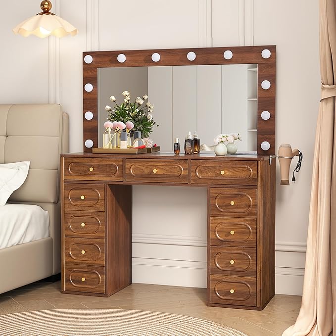 Fluted Vanity Desk with LED Mirror and 11 Drawers