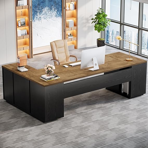 85.8-Inch L-Shaped Executive Desk with File Drawers and Cabinet