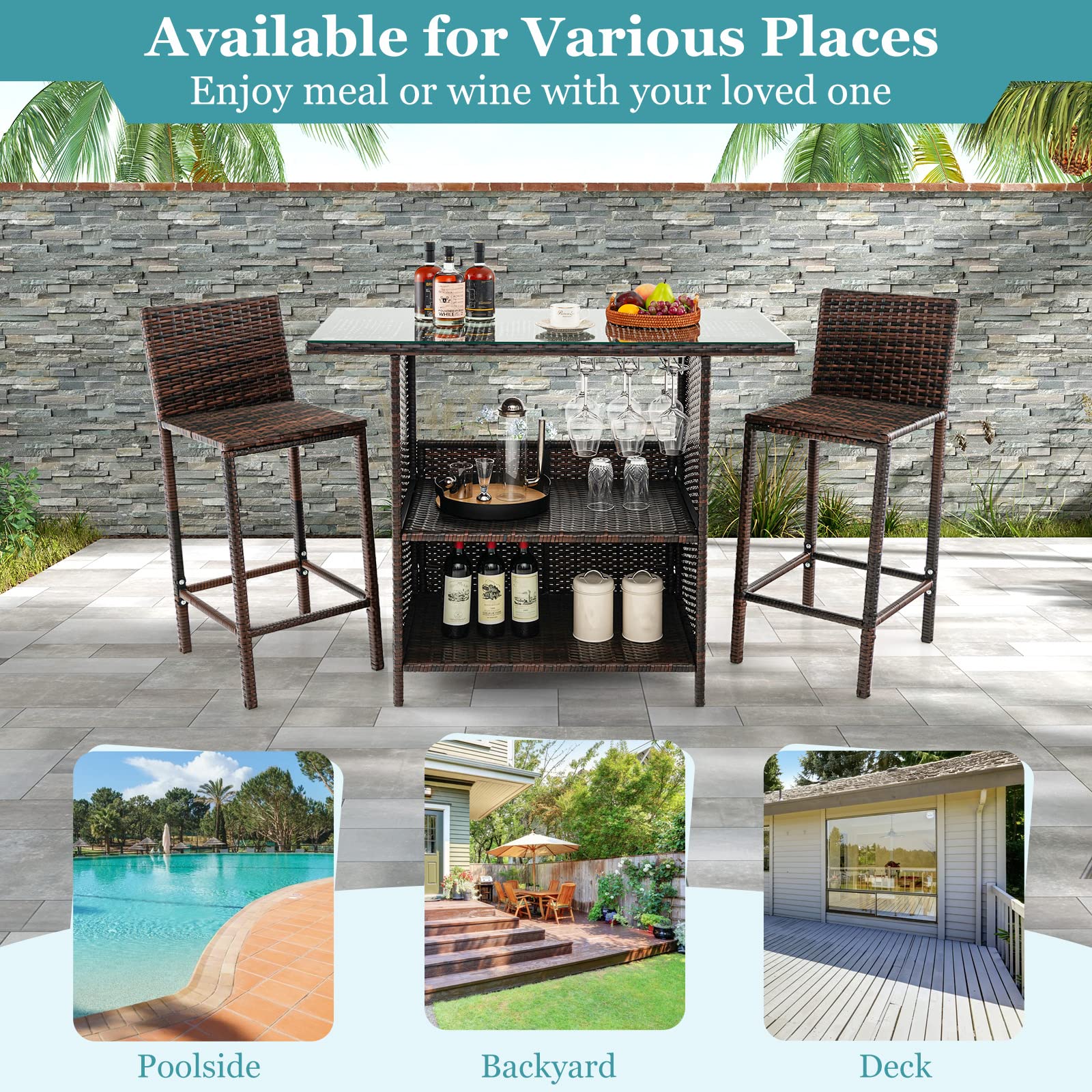 3-Piece Outdoor Bar Set with Stemware Racks