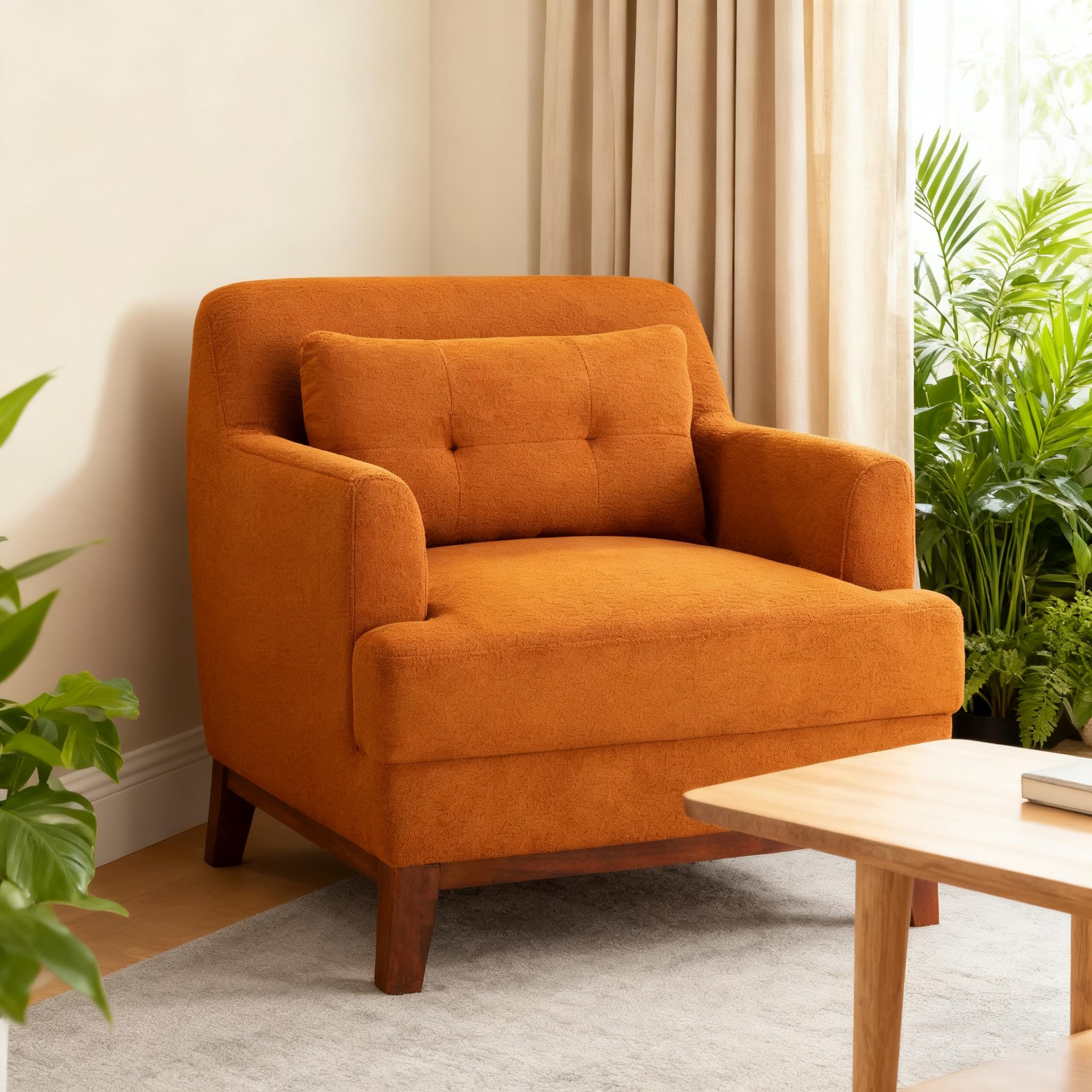 VANOMi Modern Accent Chairs, Terry Fabric Living Room Chairs with Cushion, Mid-Century Modern Comfy Reading Chair for Bedroom, Corner, Apartment, Orange