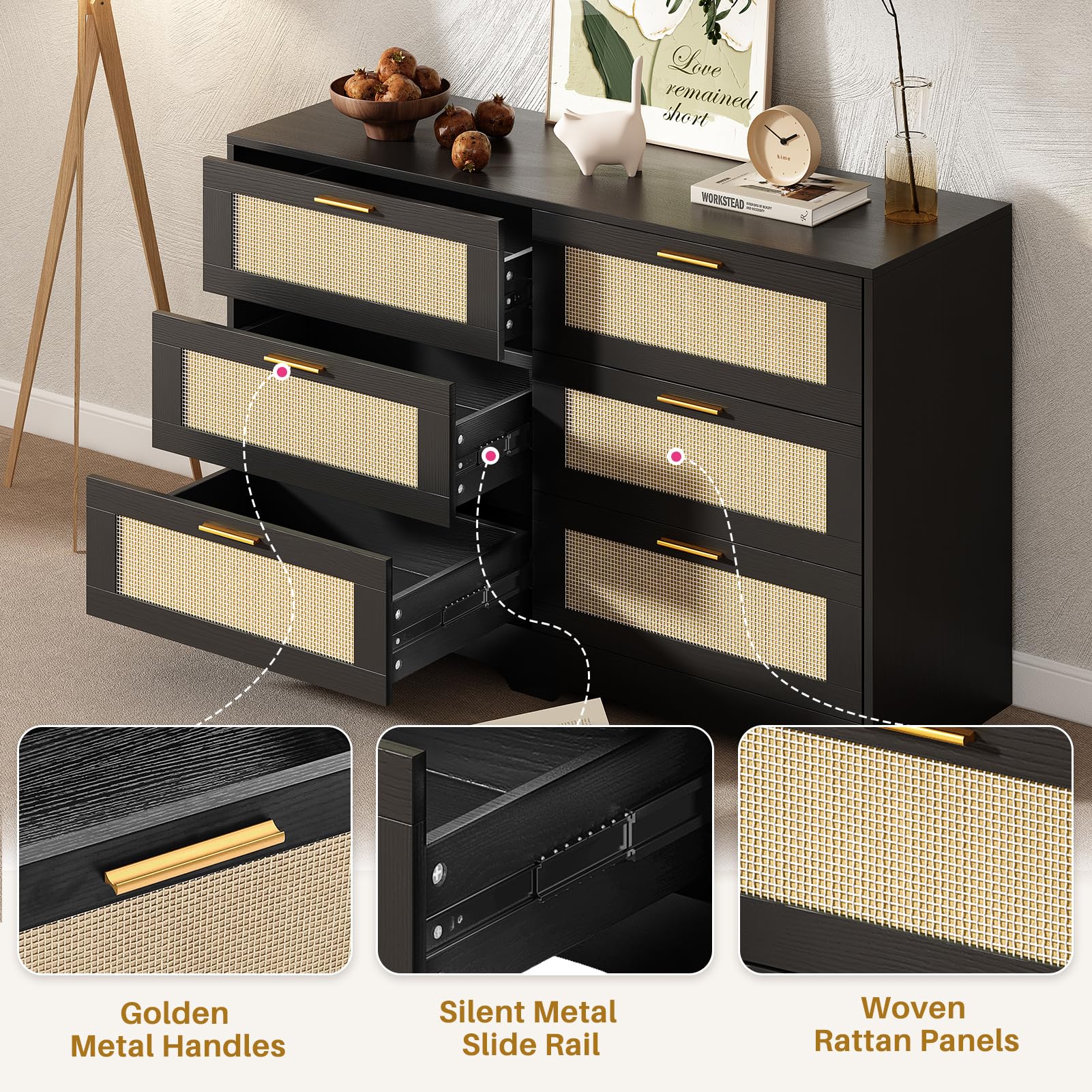 6 Drawer Rattan Dresser with Golden Handles