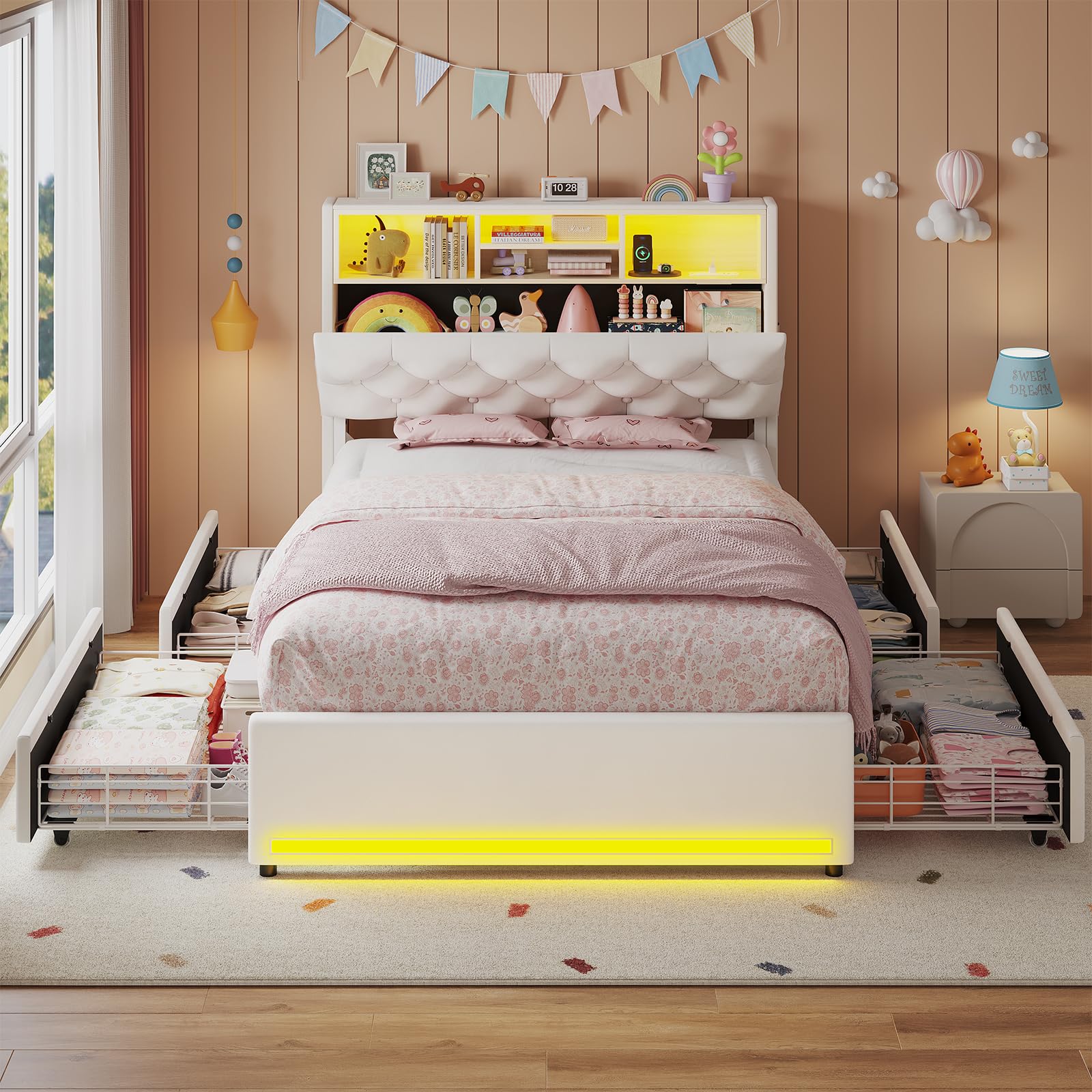 Twin Bed Frame with Bookcase Headboard and LED Lighting