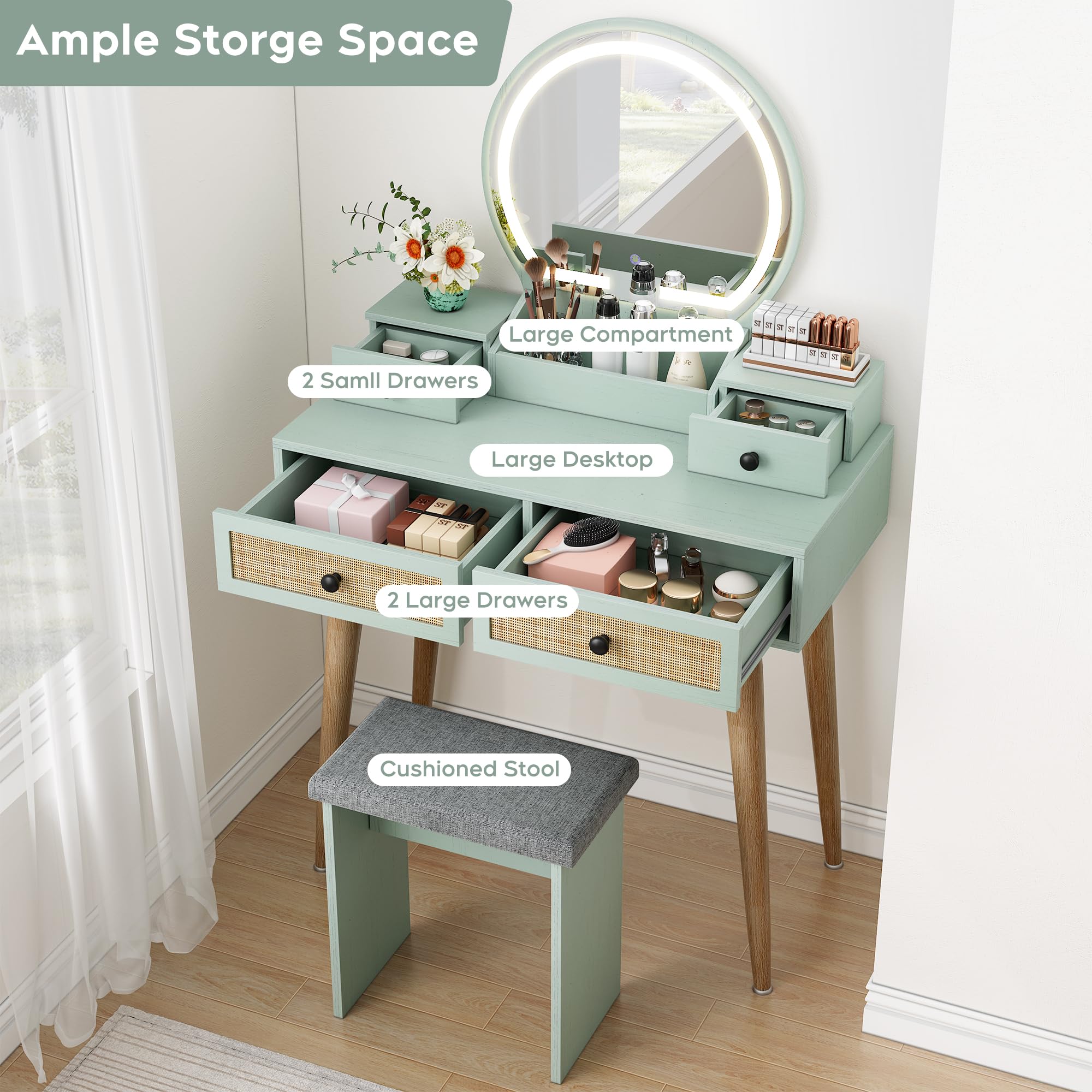 31" Boho Natural Rattan Vanity Desk Set with Lighted Mirror and Cushioned Stool