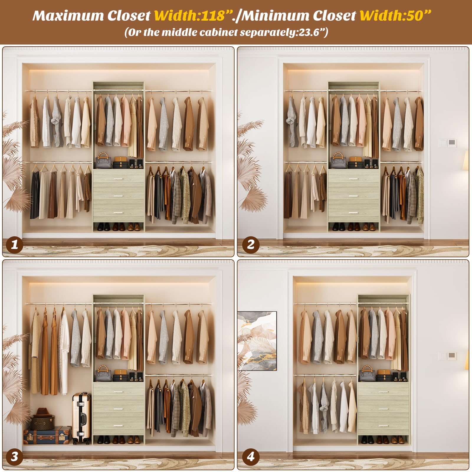 Wall-Mounted Closet System with 3 Drawers and 4 Hanging Rods