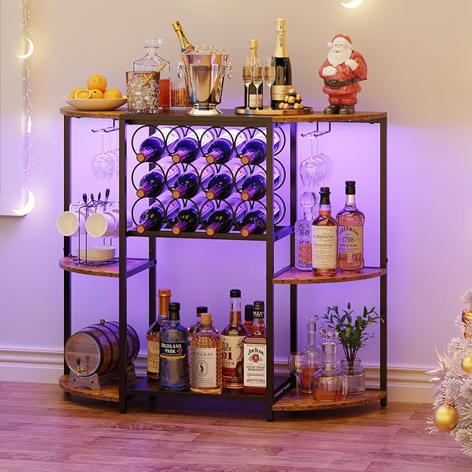 Wine Bar Cabinet with LED Lights and Glass Holder
