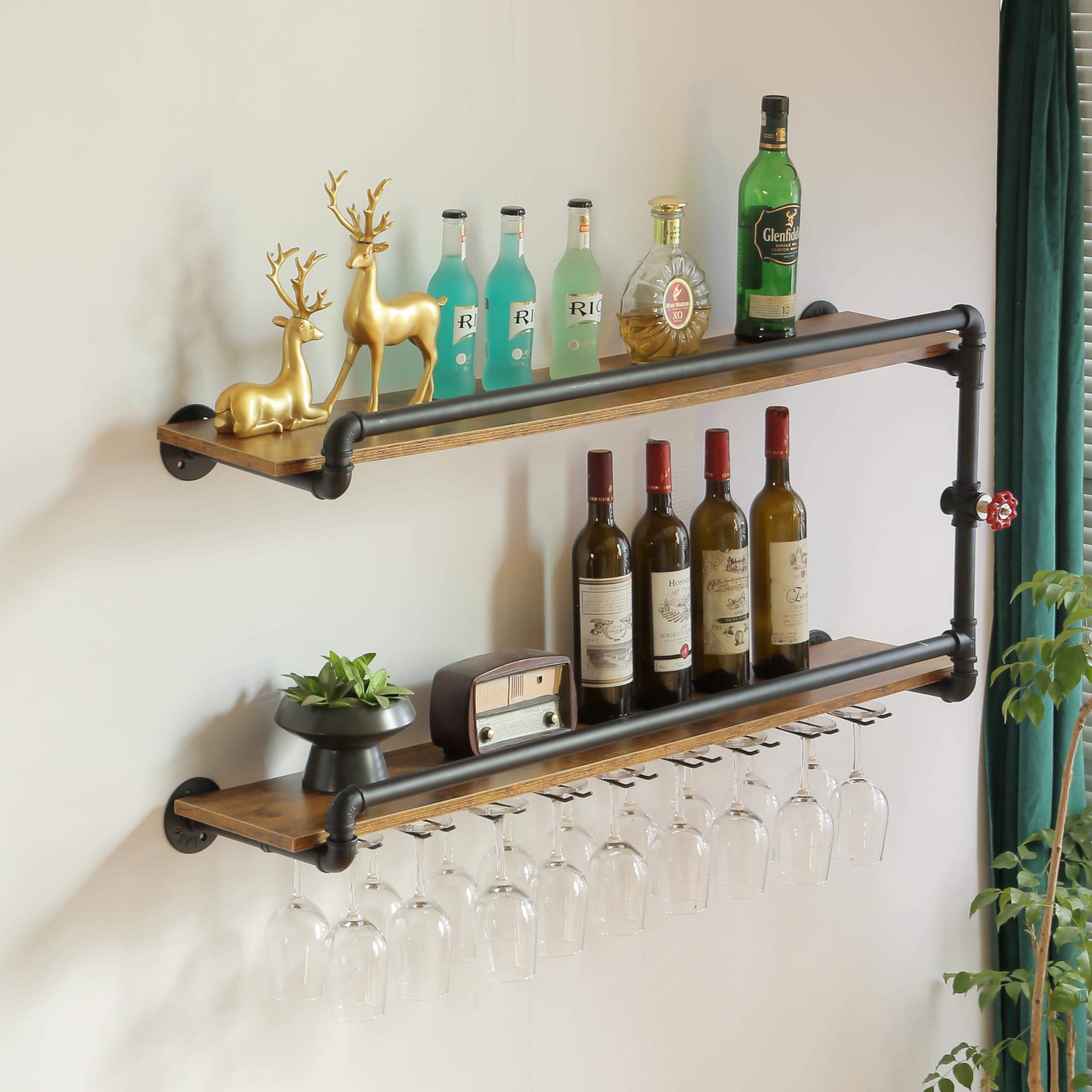 Wall Mounted Wine Rack 2 Tier with Glass Holder