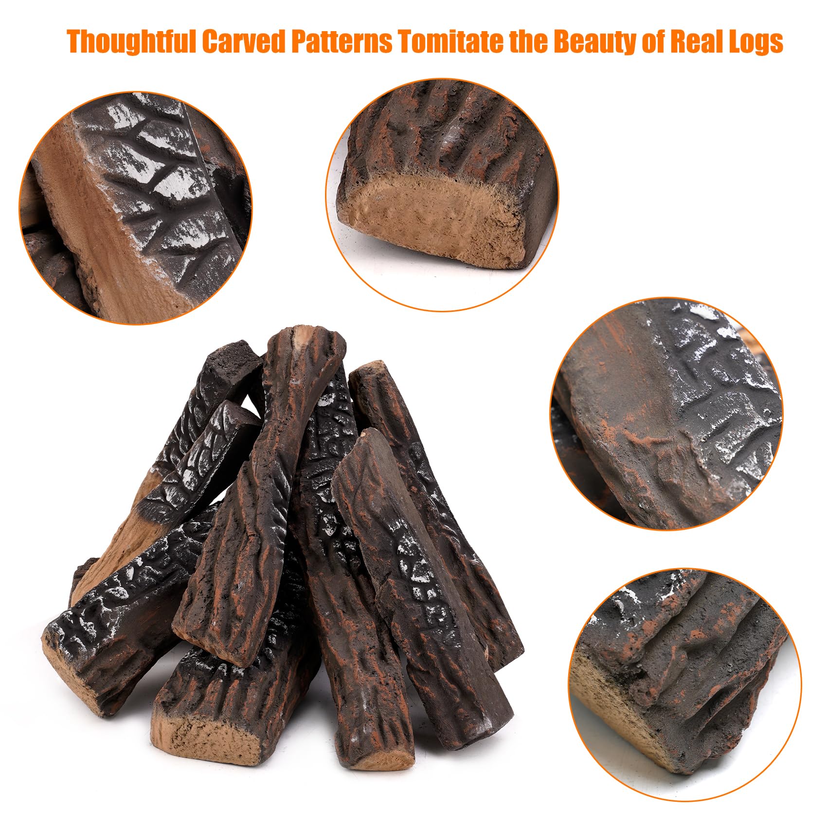 Large Ceramic Gas Fireplace Logs - 10 Piece Set