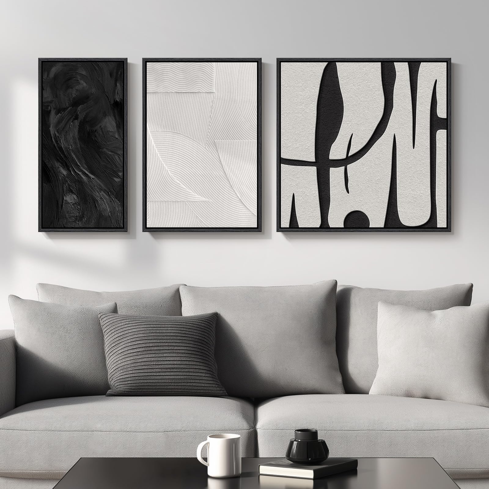 3 Piece Framed Black and White Abstract Canvas Wall Art