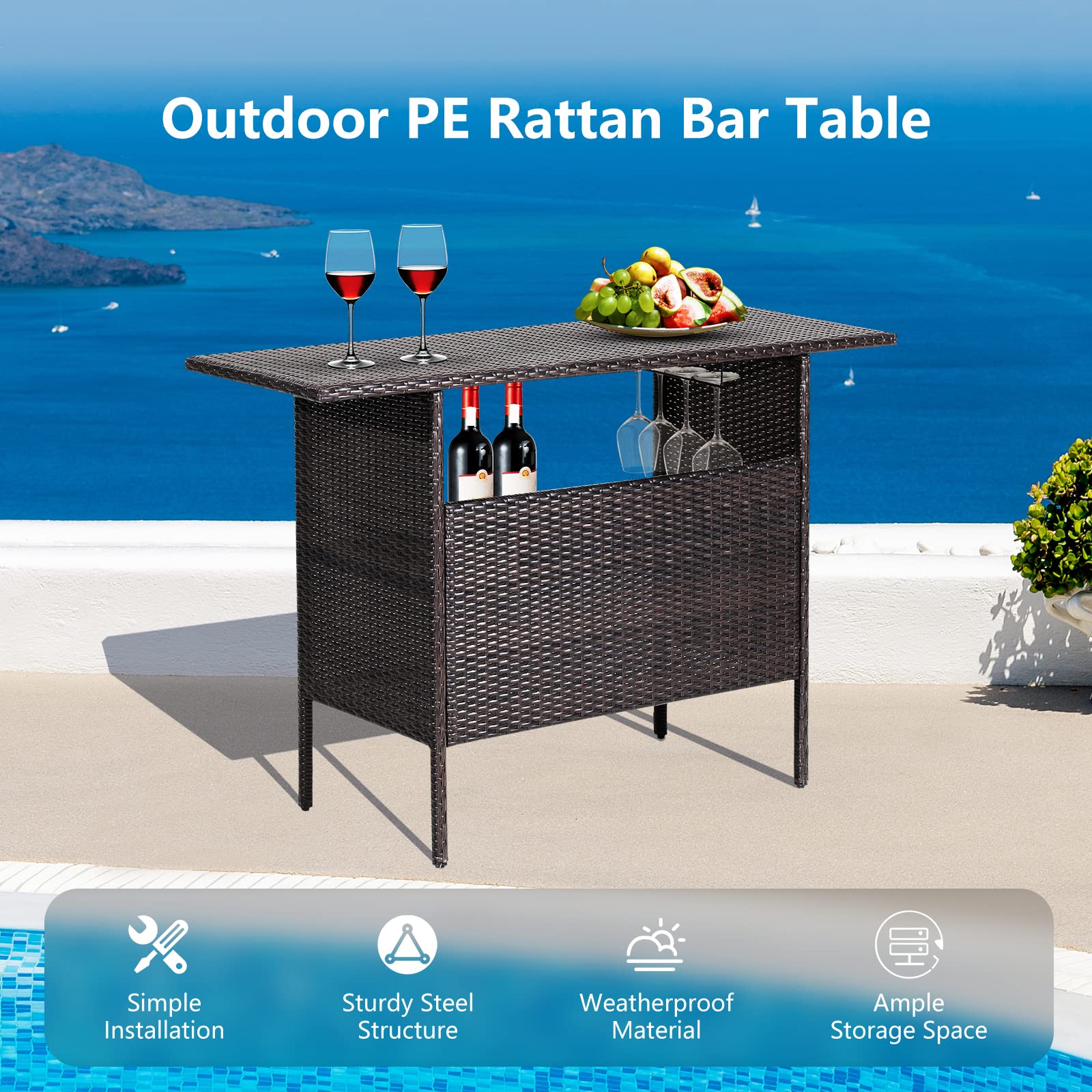 Outdoor Wicker Bar Table with Storage Shelves