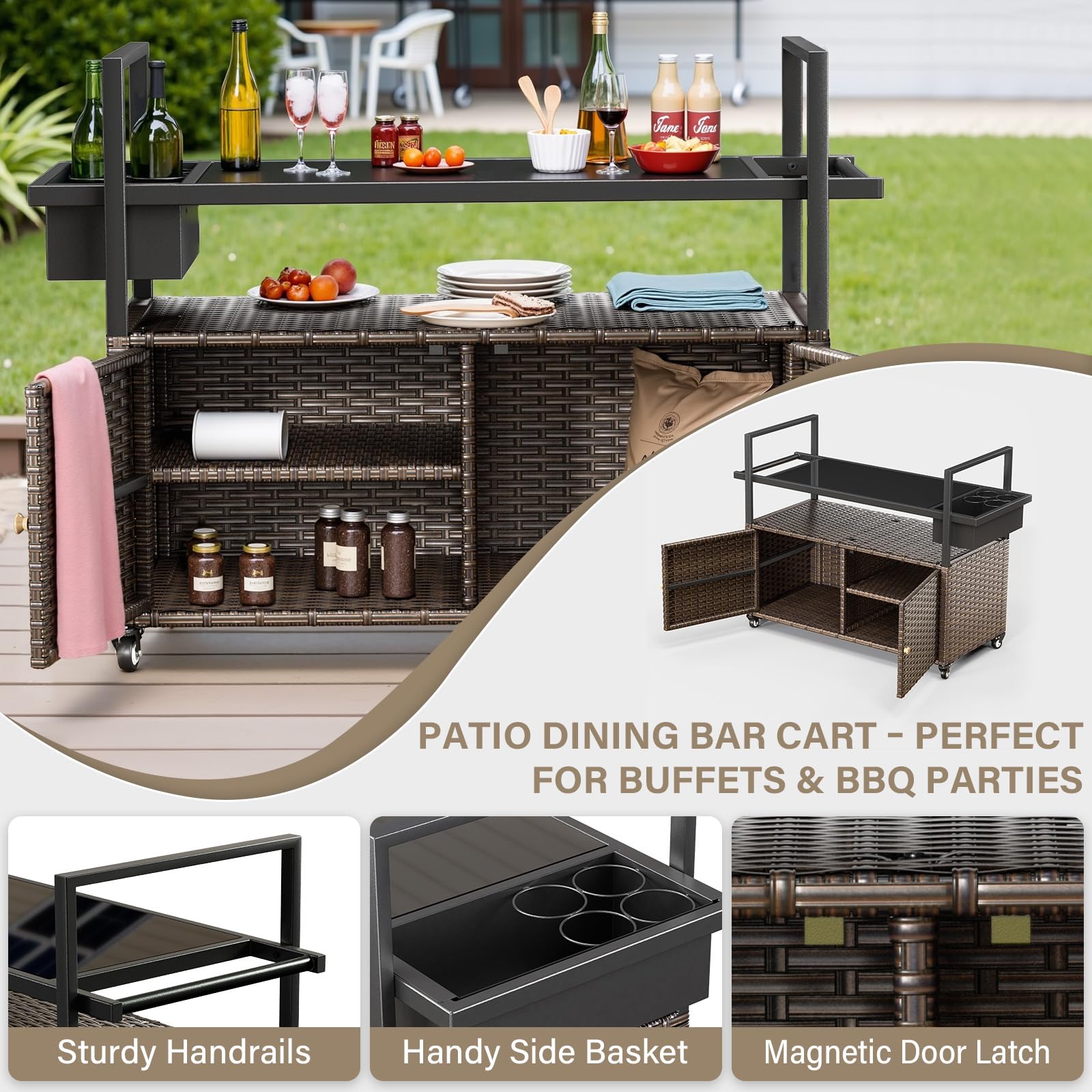 Wicker Outdoor Bar Cart with Storage Cabinet