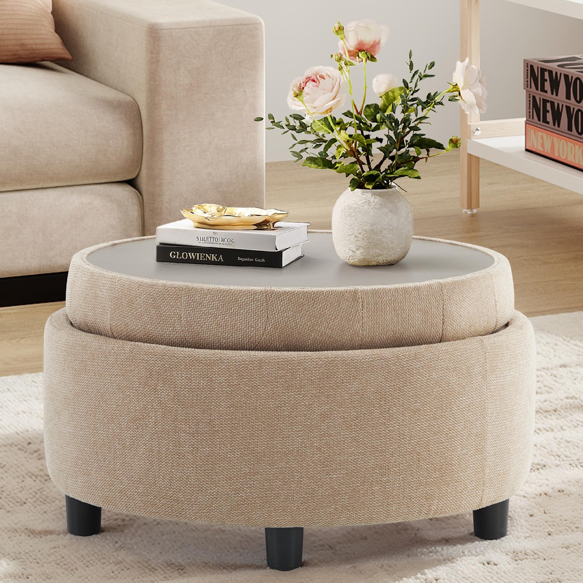 Round Storage Ottoman with Reversible Tray Lid