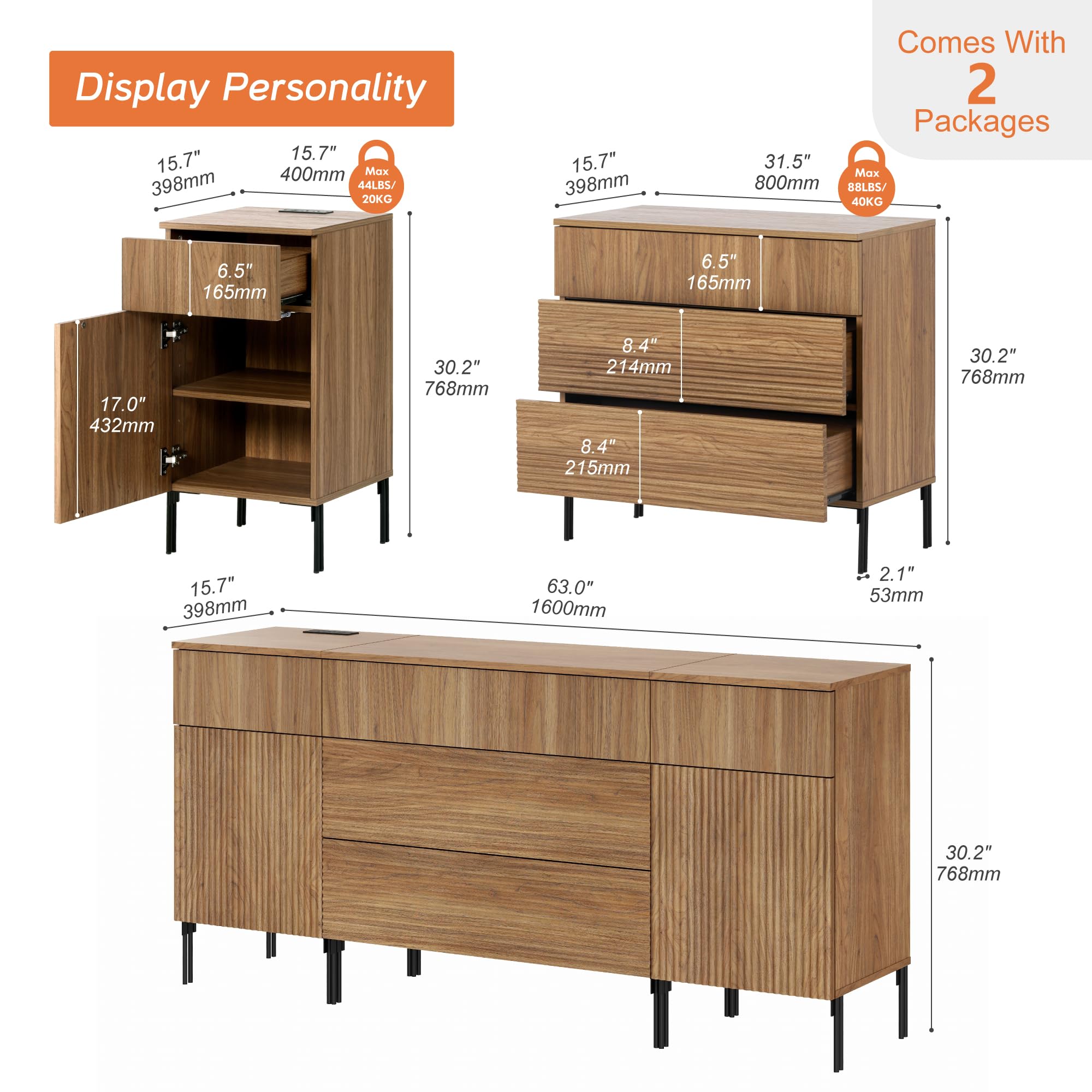 63" Fluted Sideboard Buffet Cabinet with Charging Station