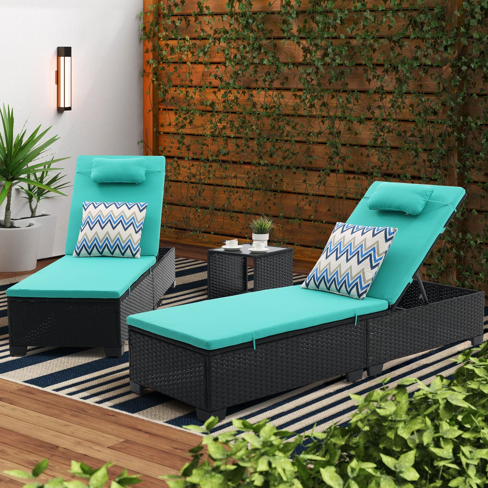 Patio PE Wicker Chaise Lounge Set with Table - Green