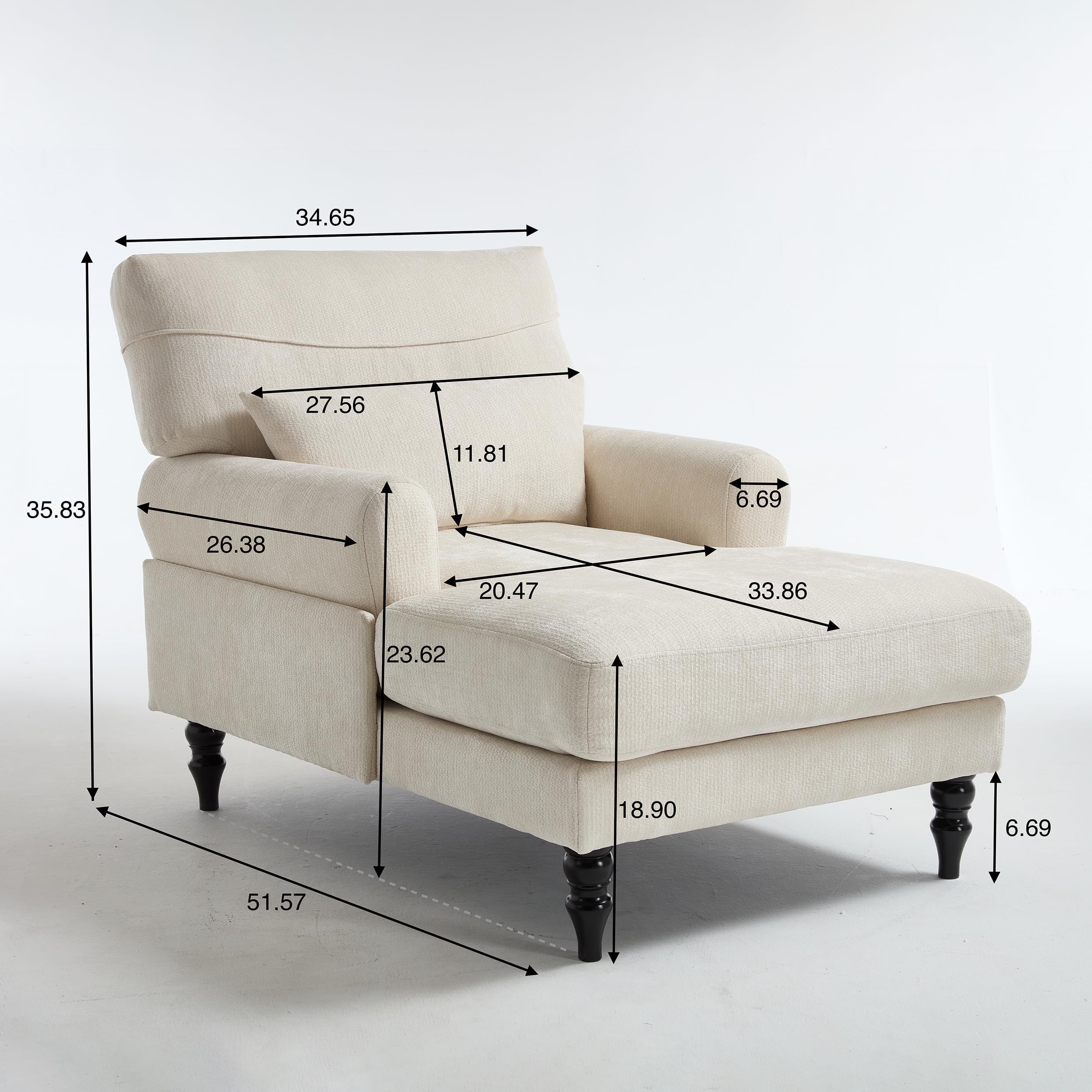 KEIKI Chaise Lounge Chair Indoor, Modern Leisure Sleeper Sofa Chair w/Double Deep Cushion, Accent Upholstered Reading Side Armchair, Recliner Arm Chairs for Living Room & Bedroom, Easy Assembly, White